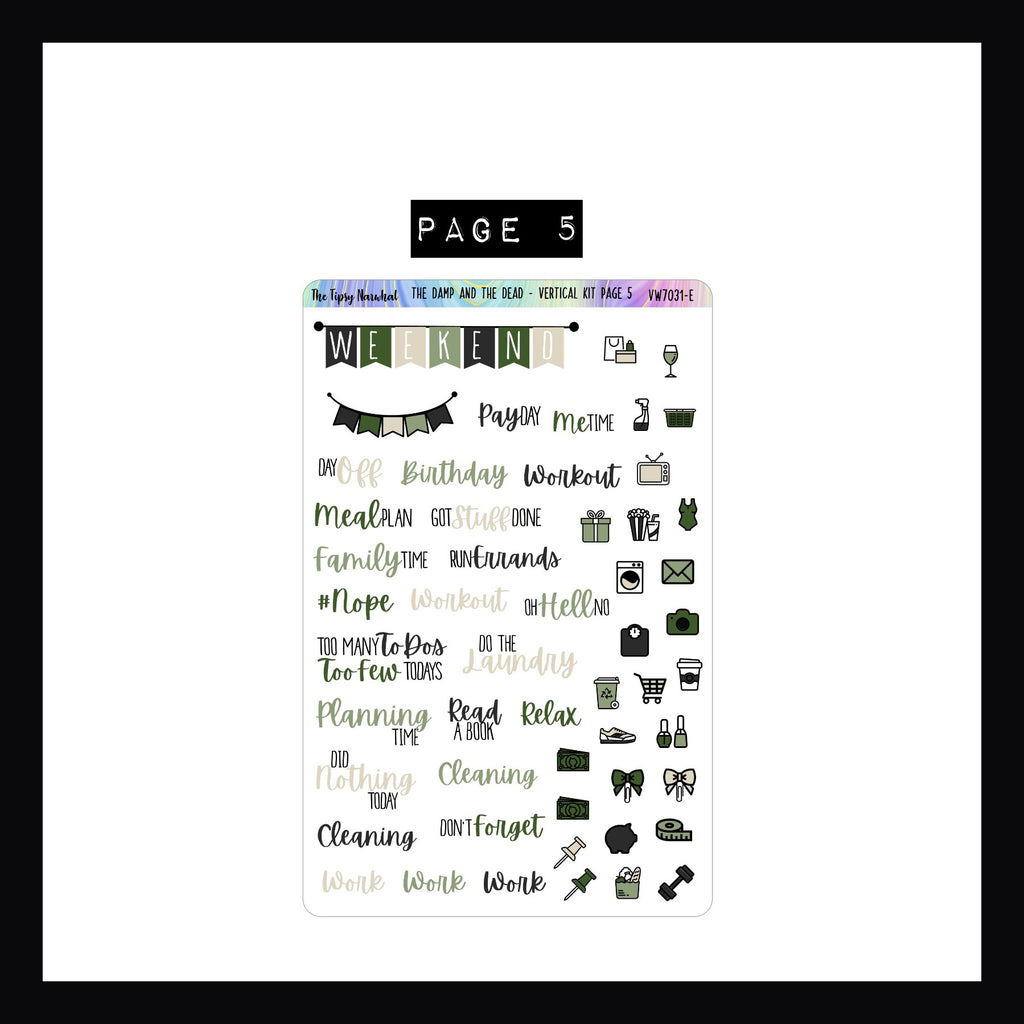 The Damp and The Dead Vertical Weekly Sticker Kit page 5 features a variety of icon stickers and script stickers.