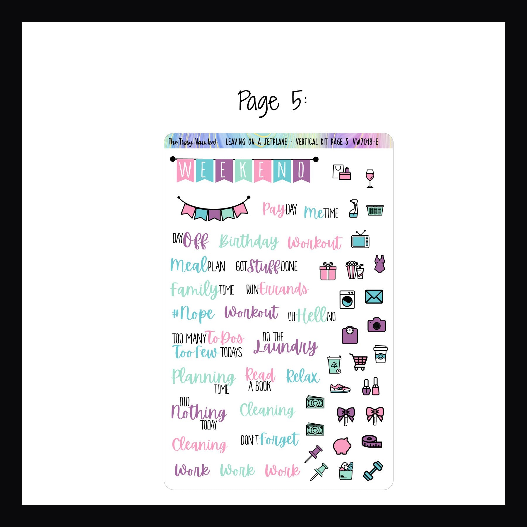 Leaving on a Jetplane Vertical Kit page 5 features a weekend banner, script stickers, and daily icon stickers. 