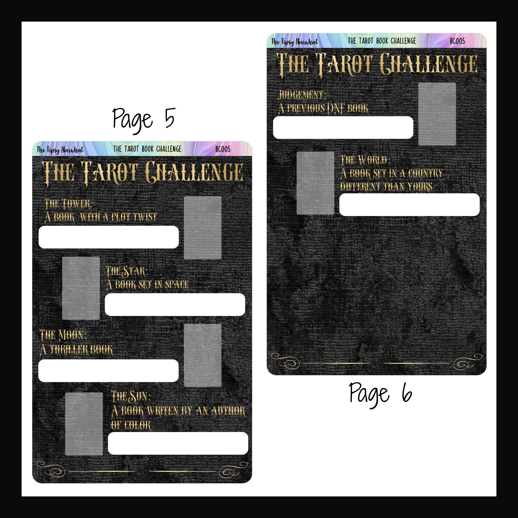 The Tarot Book Challenge pages 5 & 6.   Page 5 covers the tower, the star, the moon, and the sun.  Page 6 covers judgement and the world. 