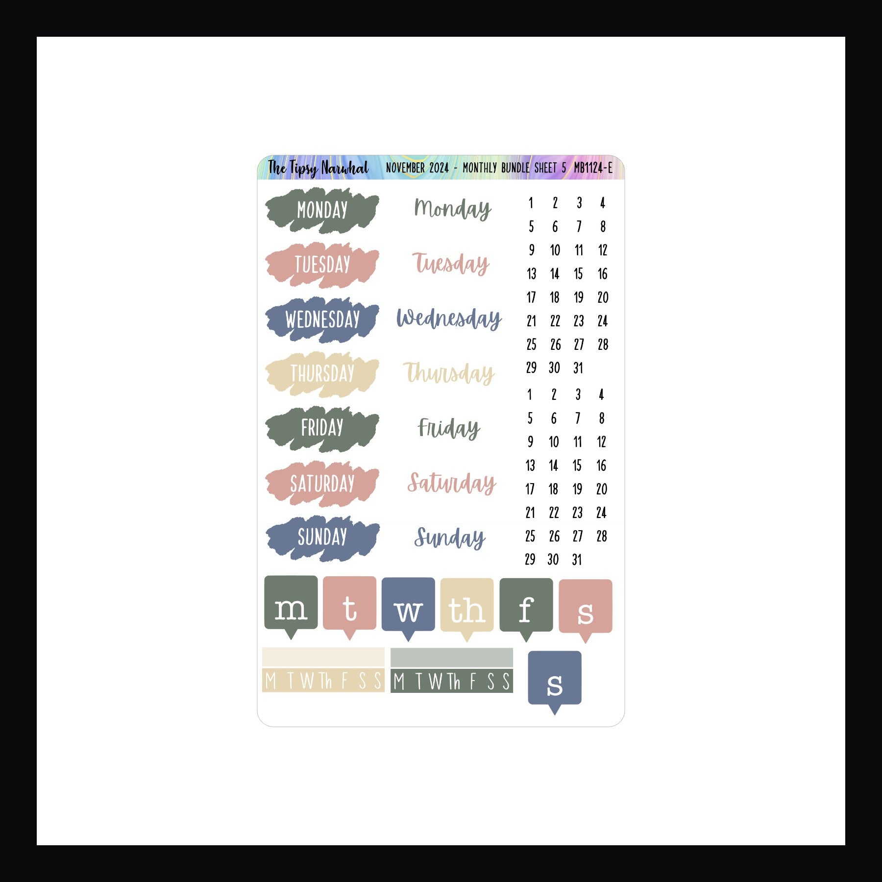 November 2024 Monthly Bundle Page 5 features 3 different styles of date covers and habit tracking stickers. 