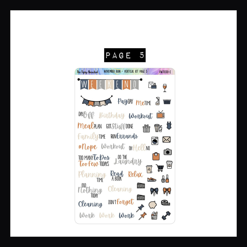 November Rain Vertical Weekly Sticker Kit Page 5 features a collection of script style stickers and daily icon stickers. 