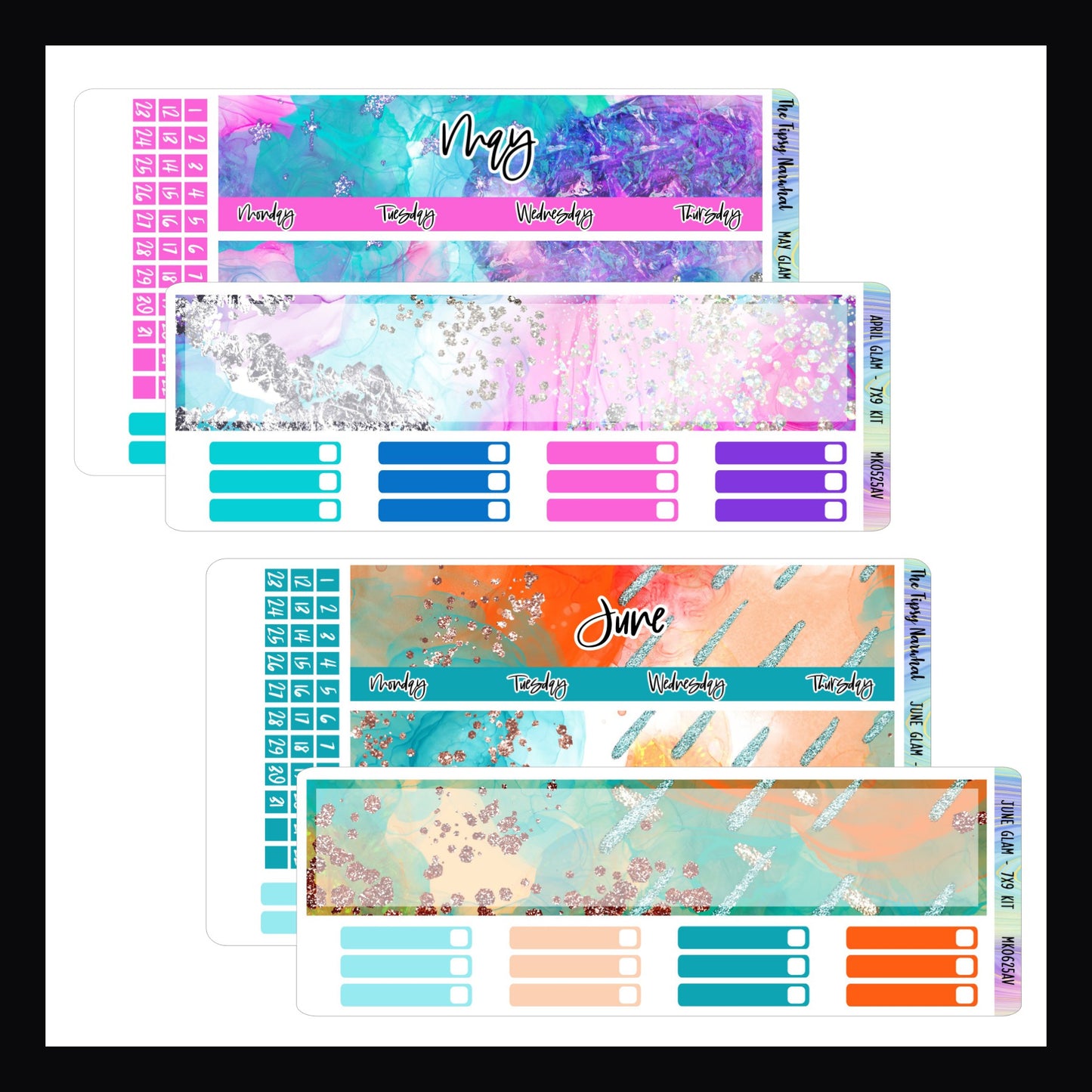 May and June 2025 Glam Monthly Kits for 7x9 vertical planners.  May features a bright purple, pink, and blue color palette with silver accents.  June features a bright tangerine and aqua palette with copper accents. 