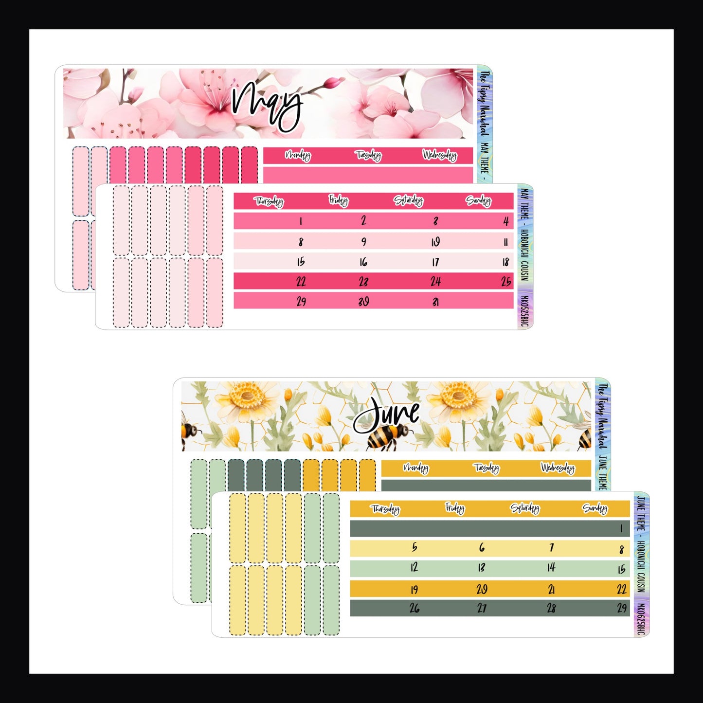 May and June 2025 Themed Monthly Kits.  May features a cherry blossom theme and a pink color palette.  Junes theme is bees and wildflowers.  Its color palette is yellow and green. 