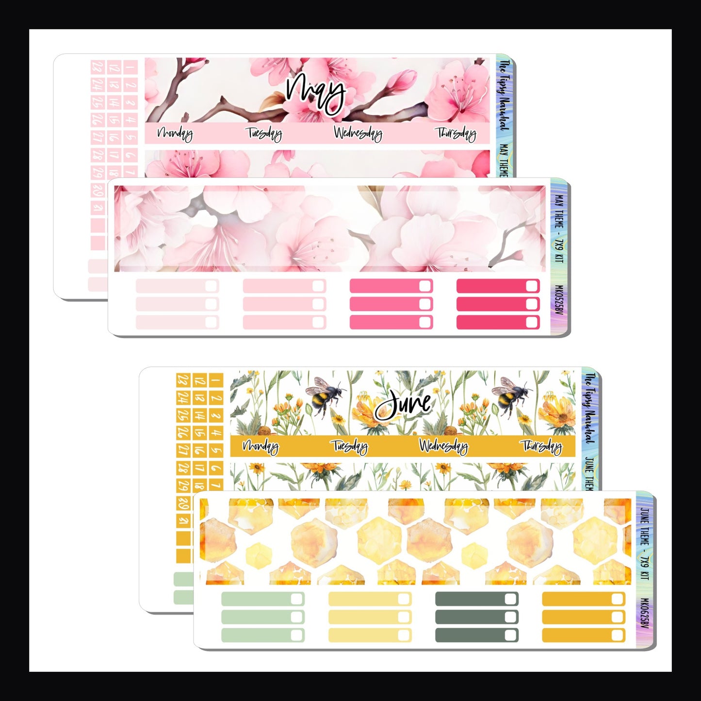 May and June Themed Monthly Kits for 7x9 Vertical Planners.  May features a cherry blossom theme and pink color palette.  June's theme is flowers and bees with a yellow and green color palette. 