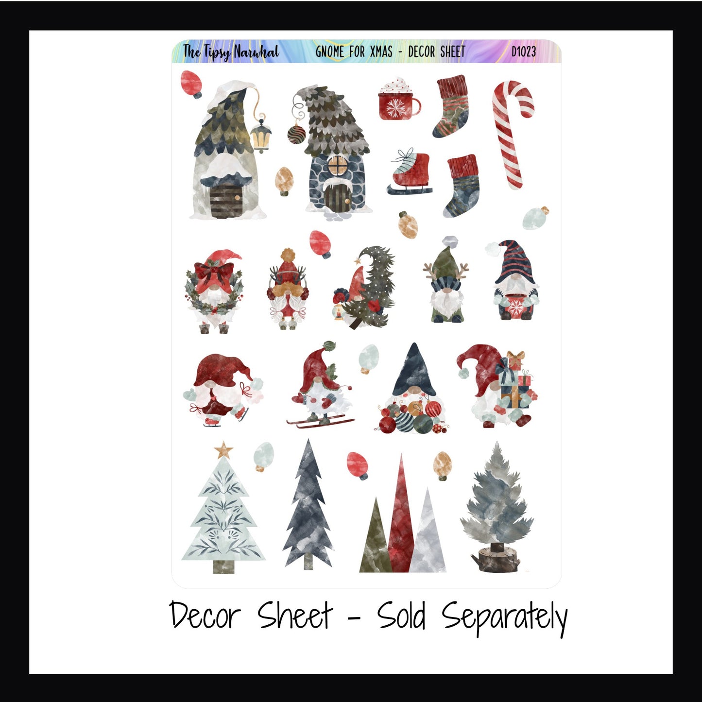 Gnome for Xmas Decor Sheet features a variety of holiday gnome stickers, tree stickers, some holiday accessories such as stockings, hot chocolate candy canes and some light stickers. 