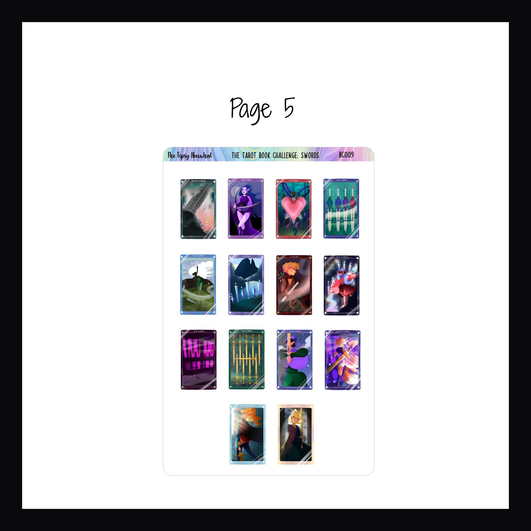 The Tarot Book Challenge: Swords page 5 is a sticker sheet featuring the 14 Swords cards the book prompts represent. 