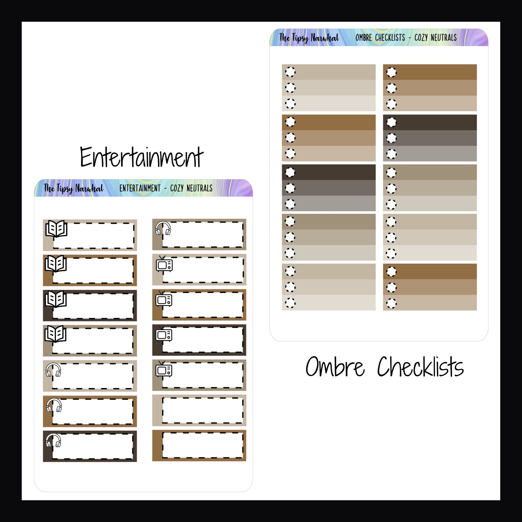 Cozy Neutrals Entertainment stickers and Ombre Checklists sheets. 