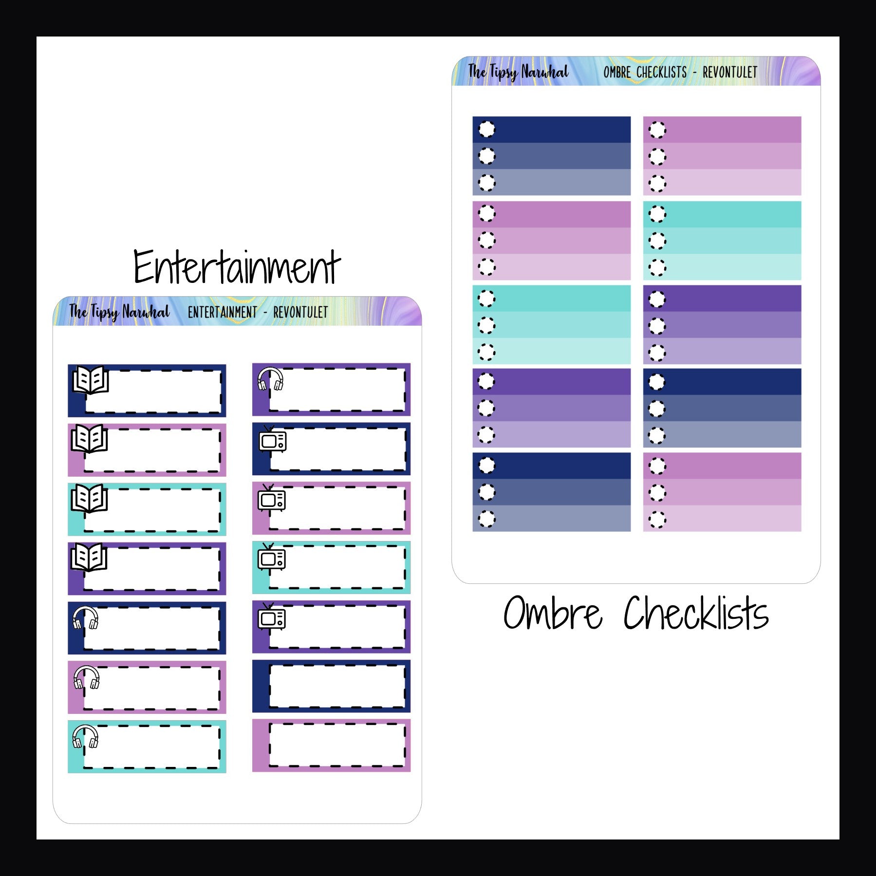 Revontulet Functional Addons Entertainment and Ombre Checklists sheets shown on a white background.