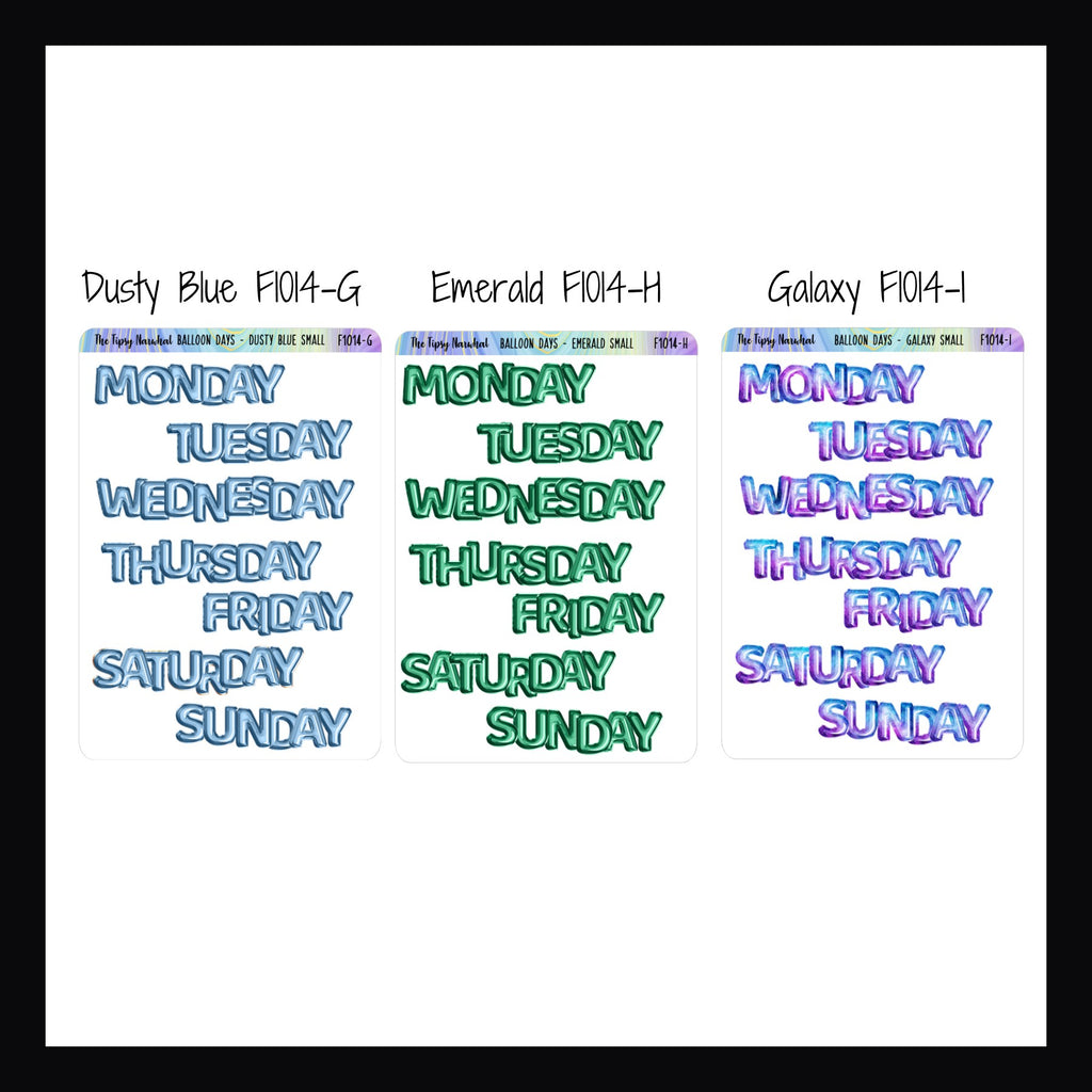 Small Daily Balloon Headers shown in Dusty Blue, Emerald and Galaxy