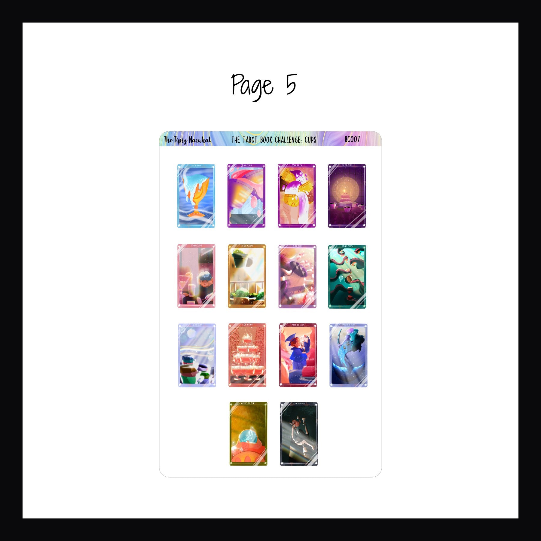 The Tarot Book Challenge: Cups page 5 is a sticker sheet featuring a sticker of each of the cards in the Cups suit. 