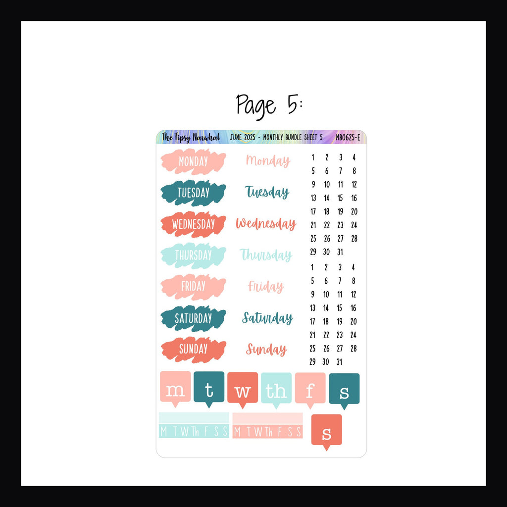 June 2025 Monthly Bundle Page 5 features 3 different styles of date covers and habit tracking stickers.