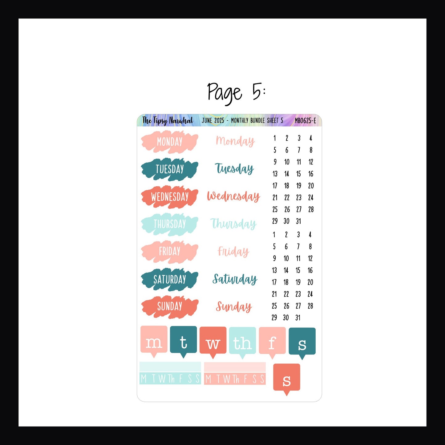 June 2025 Monthly Bundle Page 5 features 3 different styles of date covers and habit tracking stickers.