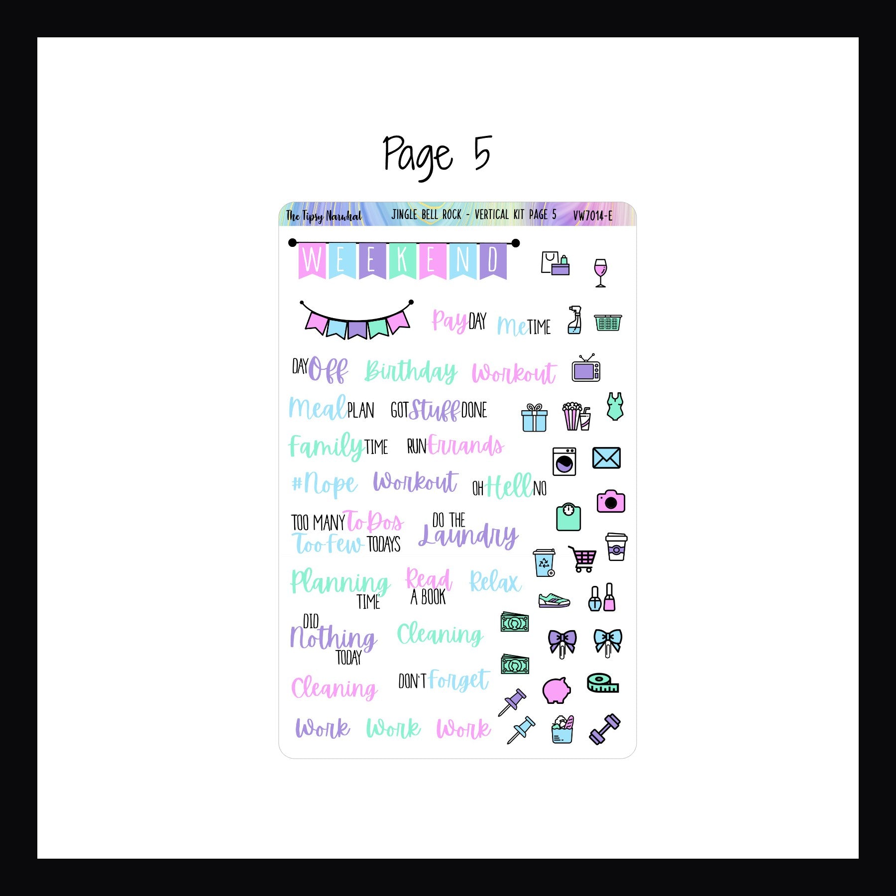 Jingle Bell Rock Vertical Page 5 features a weekend banner, script stickers and daily icons. 