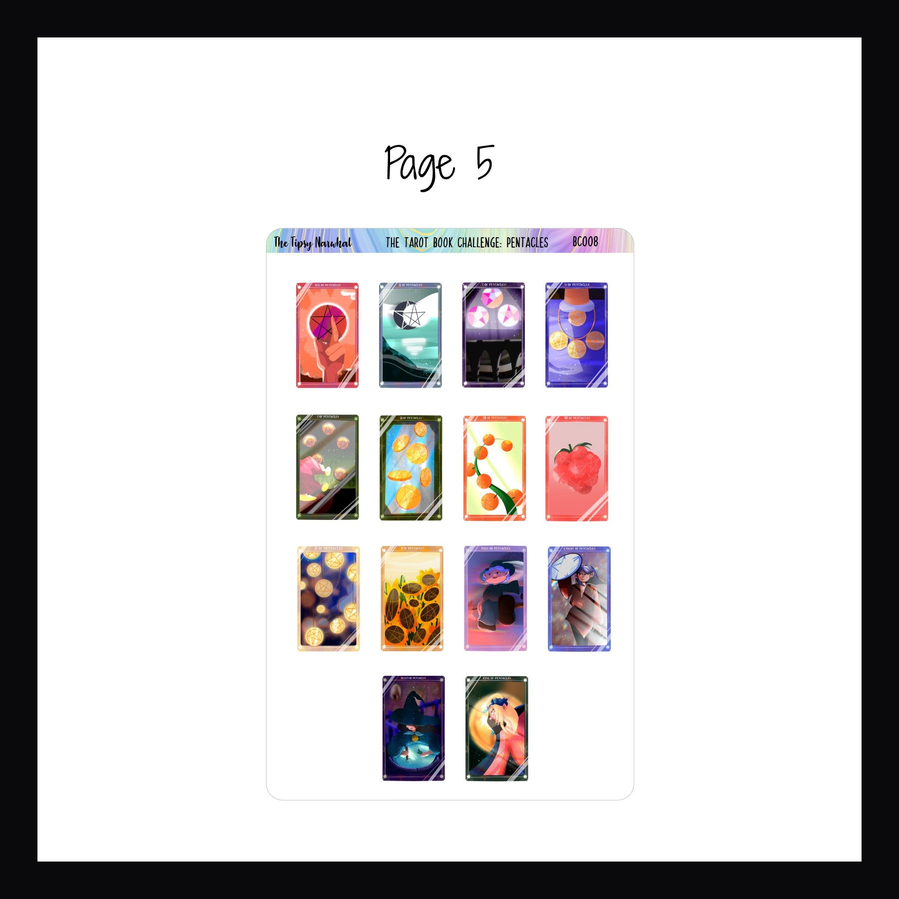 The Tarot Book Challenge: Pentacles page 5 is a sticker sheet featuring a sticker for each of the 14 cards represented in the Pentacles suit. 