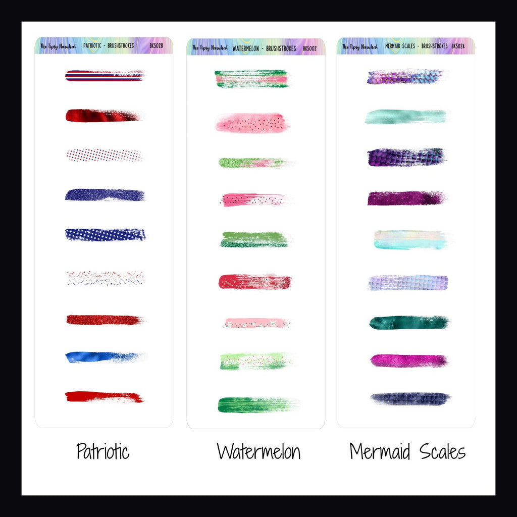 Brushstroke stickers labeled 'Patriotic', 'Watermelon', and 'Mermaid Scales' on a white background.