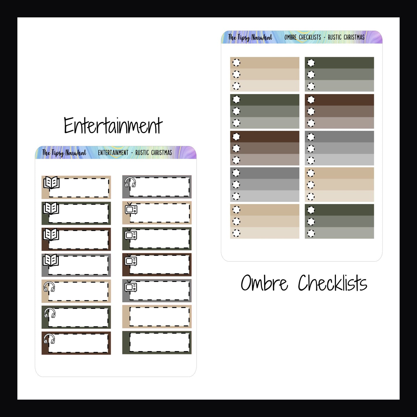 Rustic Entertainment Kit Matching Functionals Entertainment and Ombre Checklists.  The entertainment sheet offers 4 stickers to track each of books, TV/movies, and music/podcasts.  Also includes two blank stickers for customization.  The Ombre Checklist sheet features 10 ombre checklist stickers each with 3 fields. 