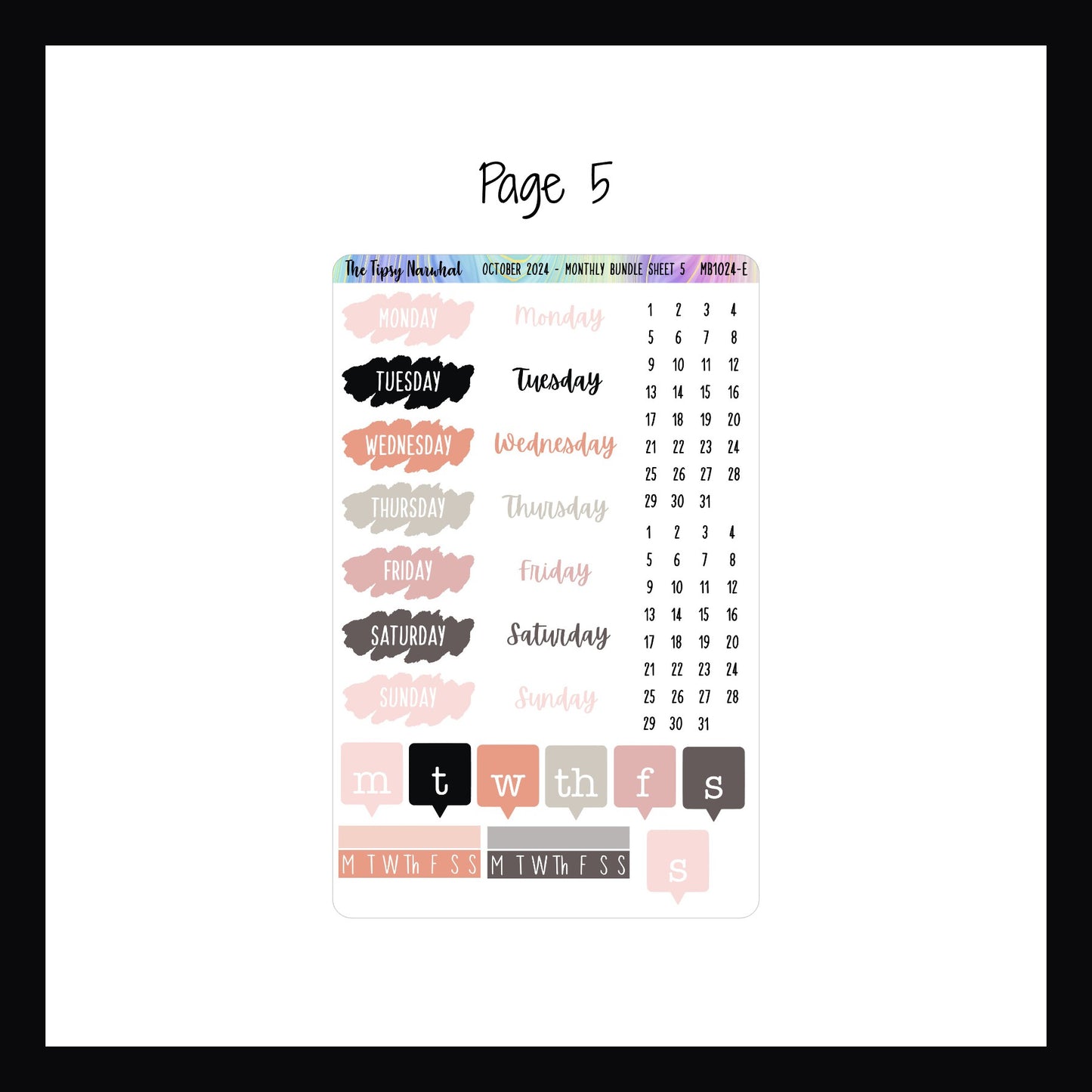 October 2024 Monthly Bundle page 5 features three sets of date trackers and habit tracking stickers. 