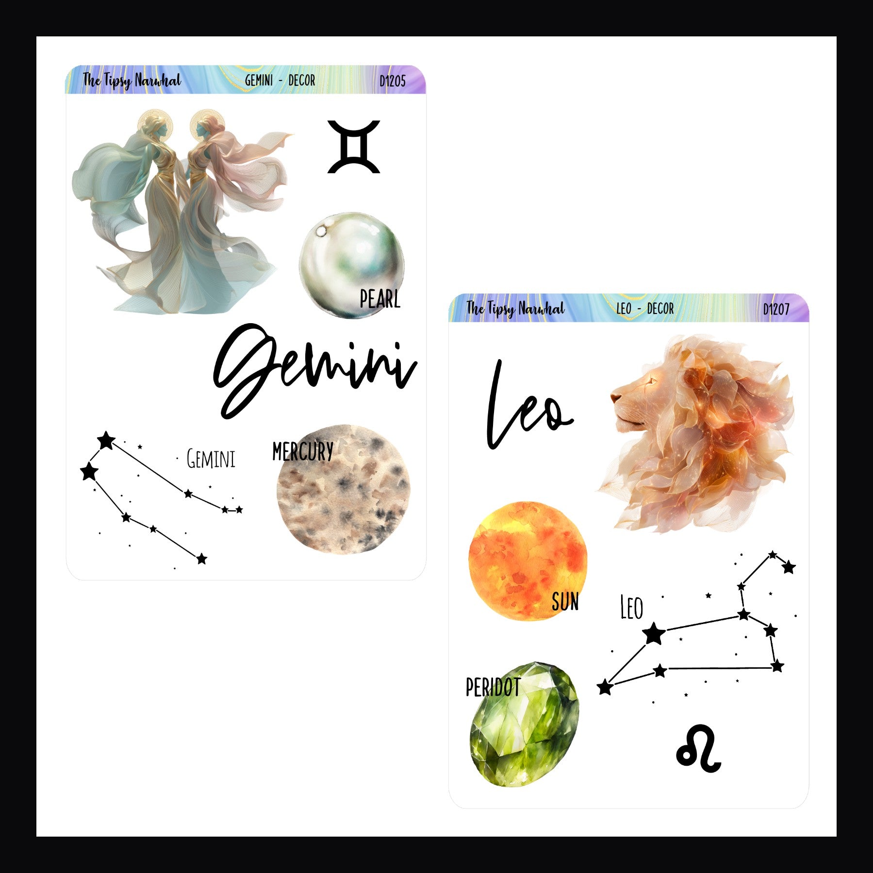 Collage of gemstones, zodiac signs, and constellations with a focus on Gemini and Leo.