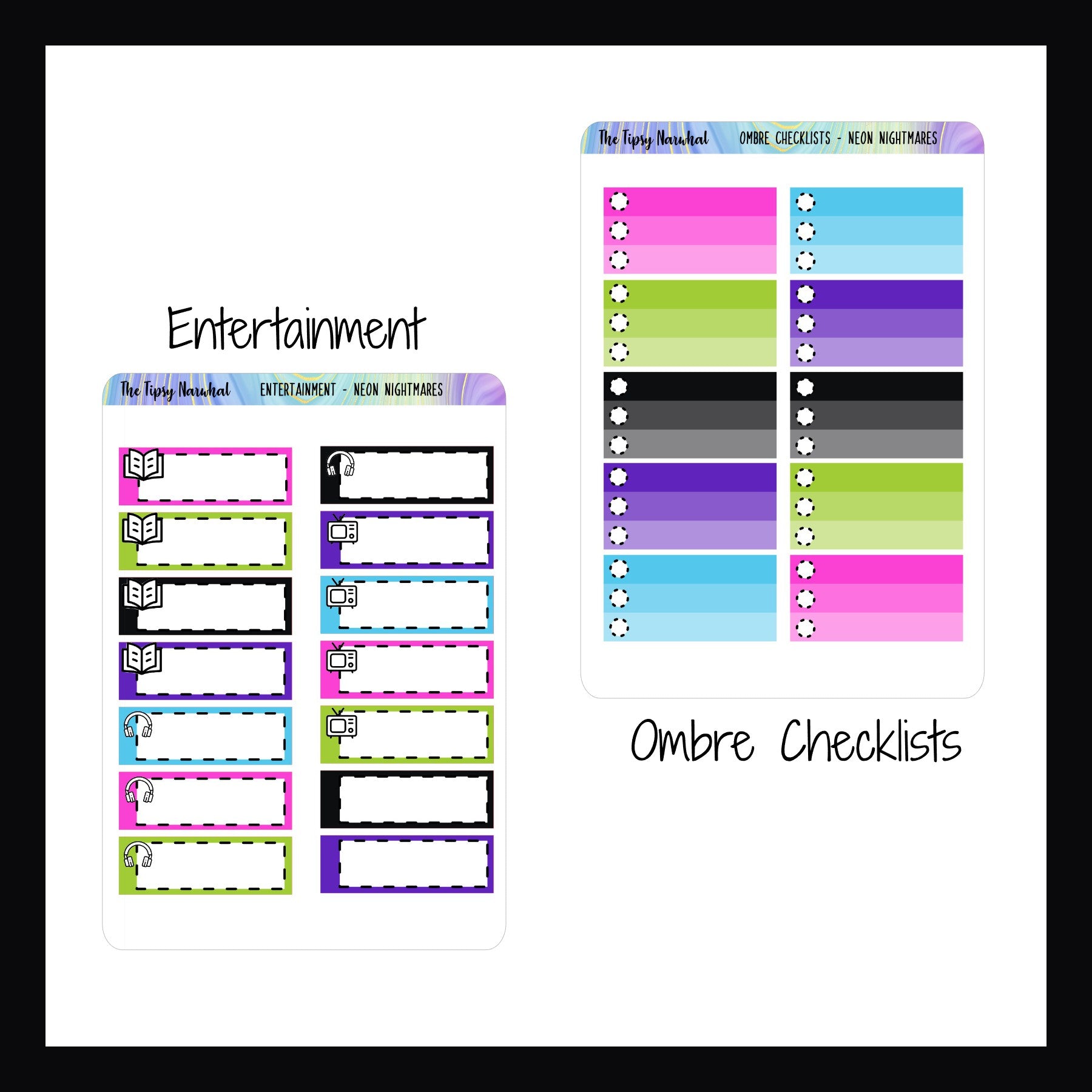 Neon Nightmares Kit Matching Functionals Entertainment and Ombre Checklist sticker sheets. 