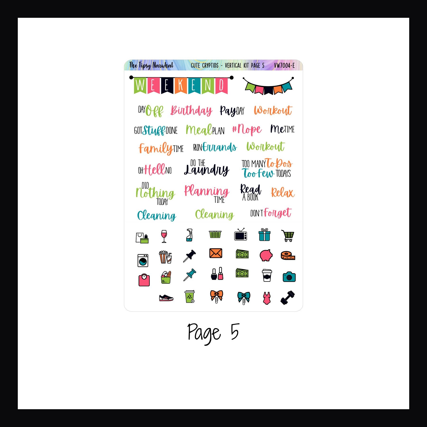 Digital Cute Cryptids Vertical Weekly Kit page 5 features a weekend banner, script stickers, and daily icon stickers. 