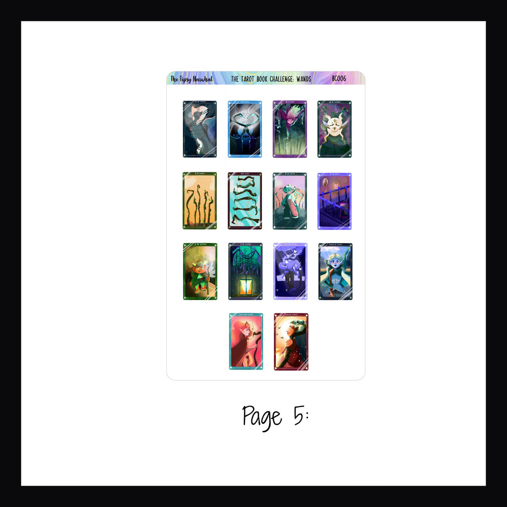 The Tarot Book Challenge: Wands page 5 is a sticker sheet featuring a sticker for each of the cards in the wands suit. 