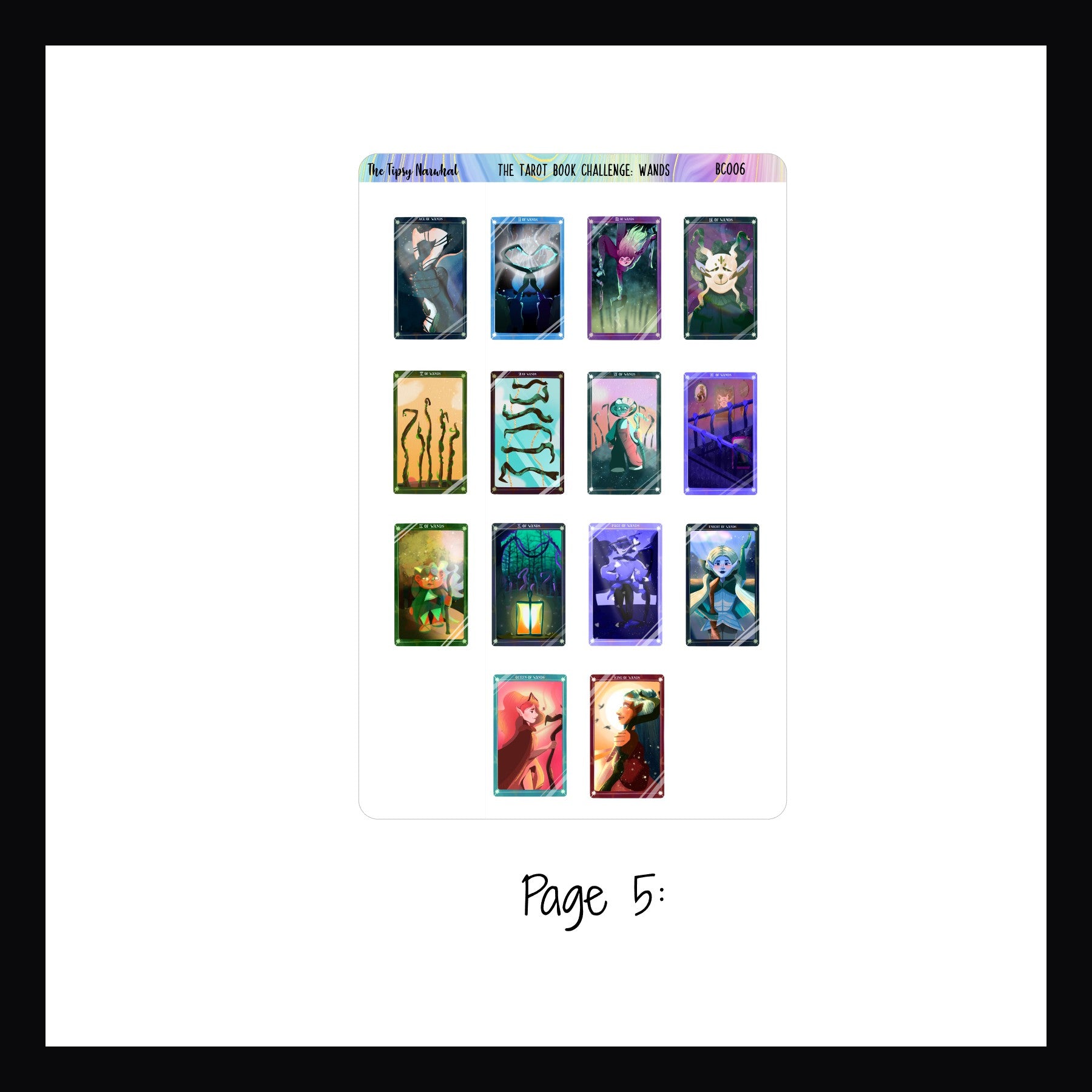 The Tarot Book Challenge: Wands page 5 is a sticker sheet featuring a sticker for each of the cards in the wands suit. 