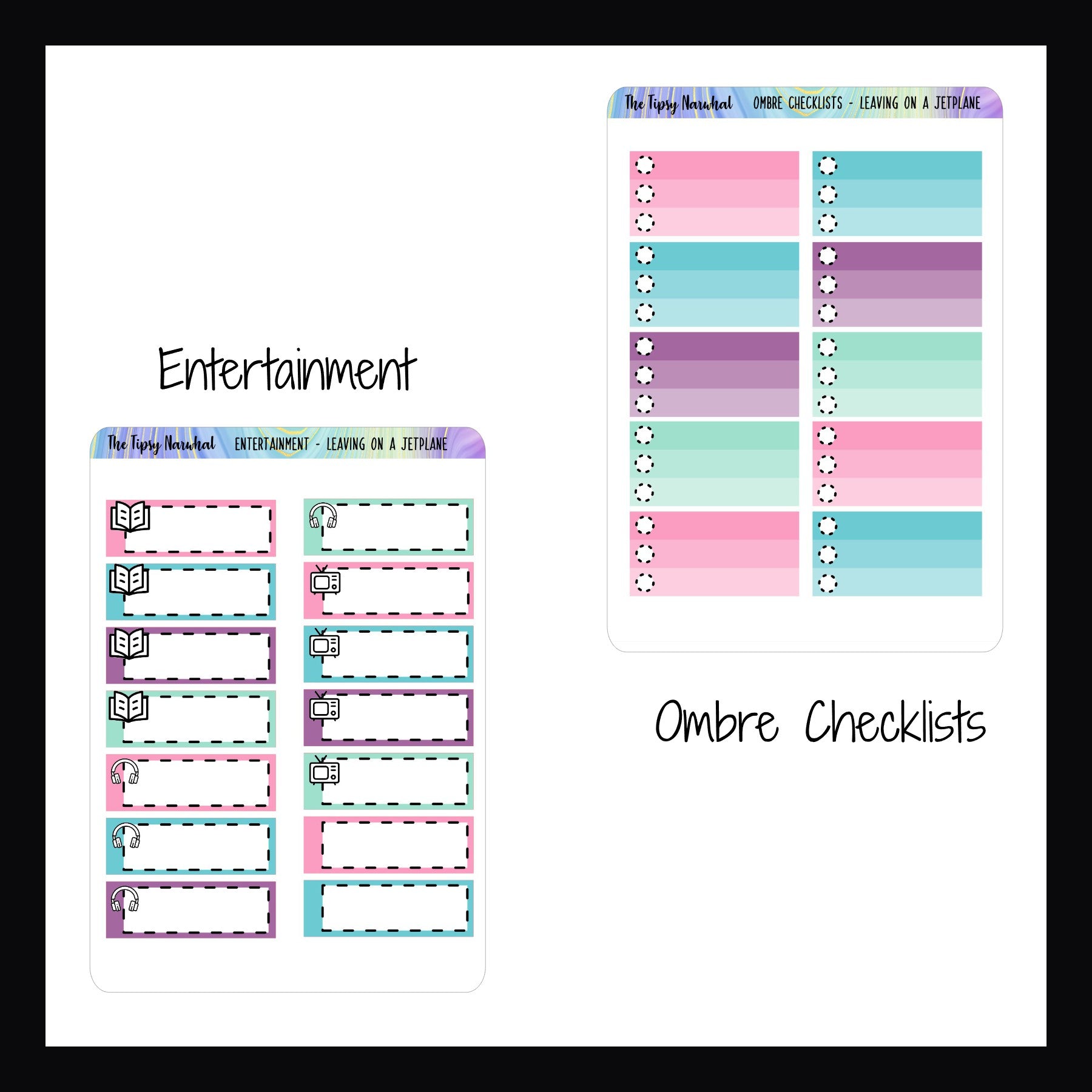 Leaving on a Jet Plane Entertainment and Ombre Checklist sheets.  The Entertainment sheet features 14 stickers 4 with a book icon, 4 with headphones icon and 4 with a TV icon.  2 stickers are left blank for customization.  The Ombre checklist sheet features 5 half box sized ombre checklist stickers.