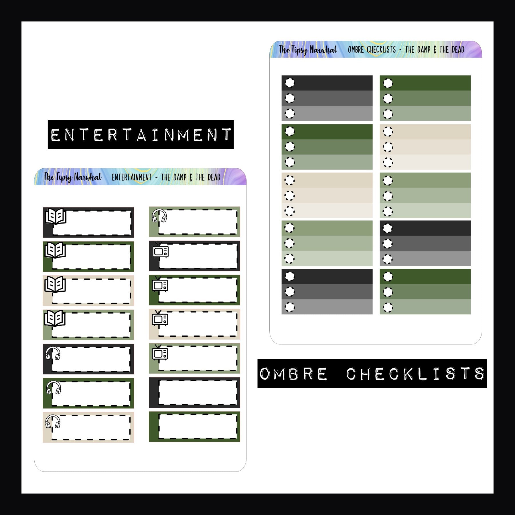 The Damp and The Dead Functional Sticker Add-Ons entertainment sticker sheet and ombre checklist stickers.