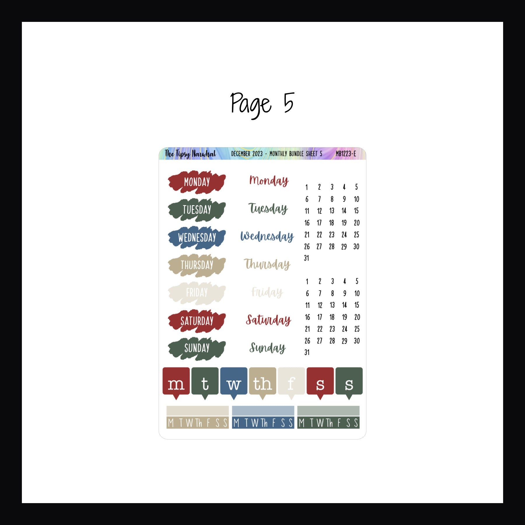 December 2023 functional monthly bundle Page 5.  Page 5 contains habit trackers, and date covers in three styles plus some date dot stickers.