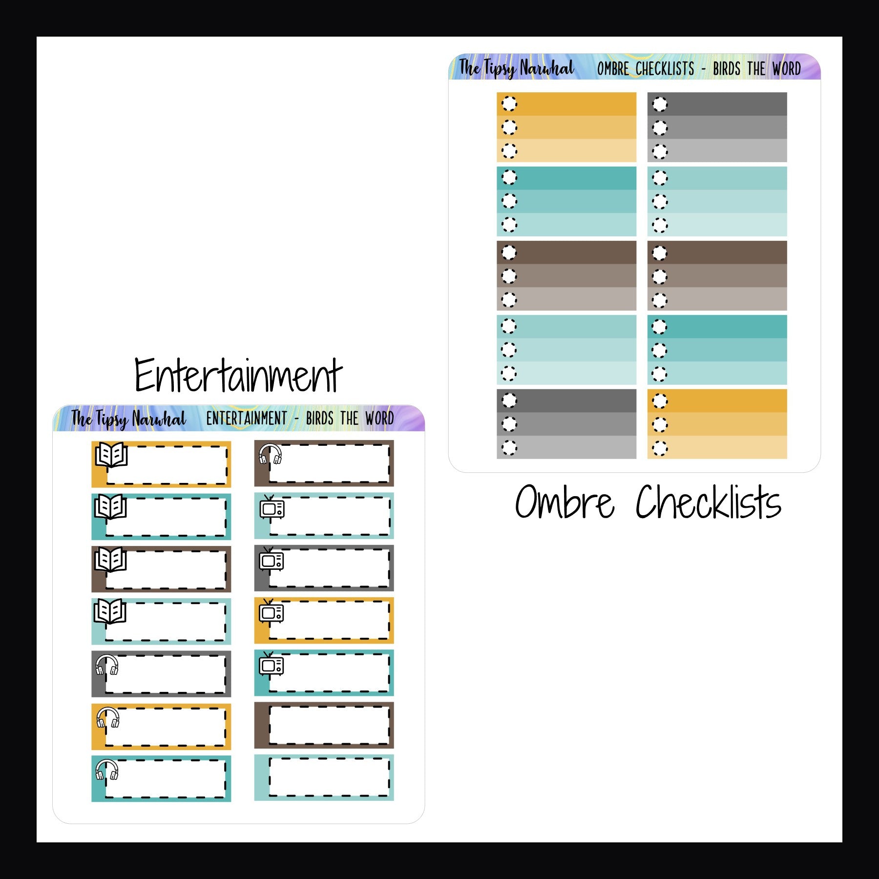 Birds the Word Kit Matching Functionals Entertainment sheet features 14 stickers to track various media.  Ombre checklists features 10 check list stickers in the traditional ombre format. 