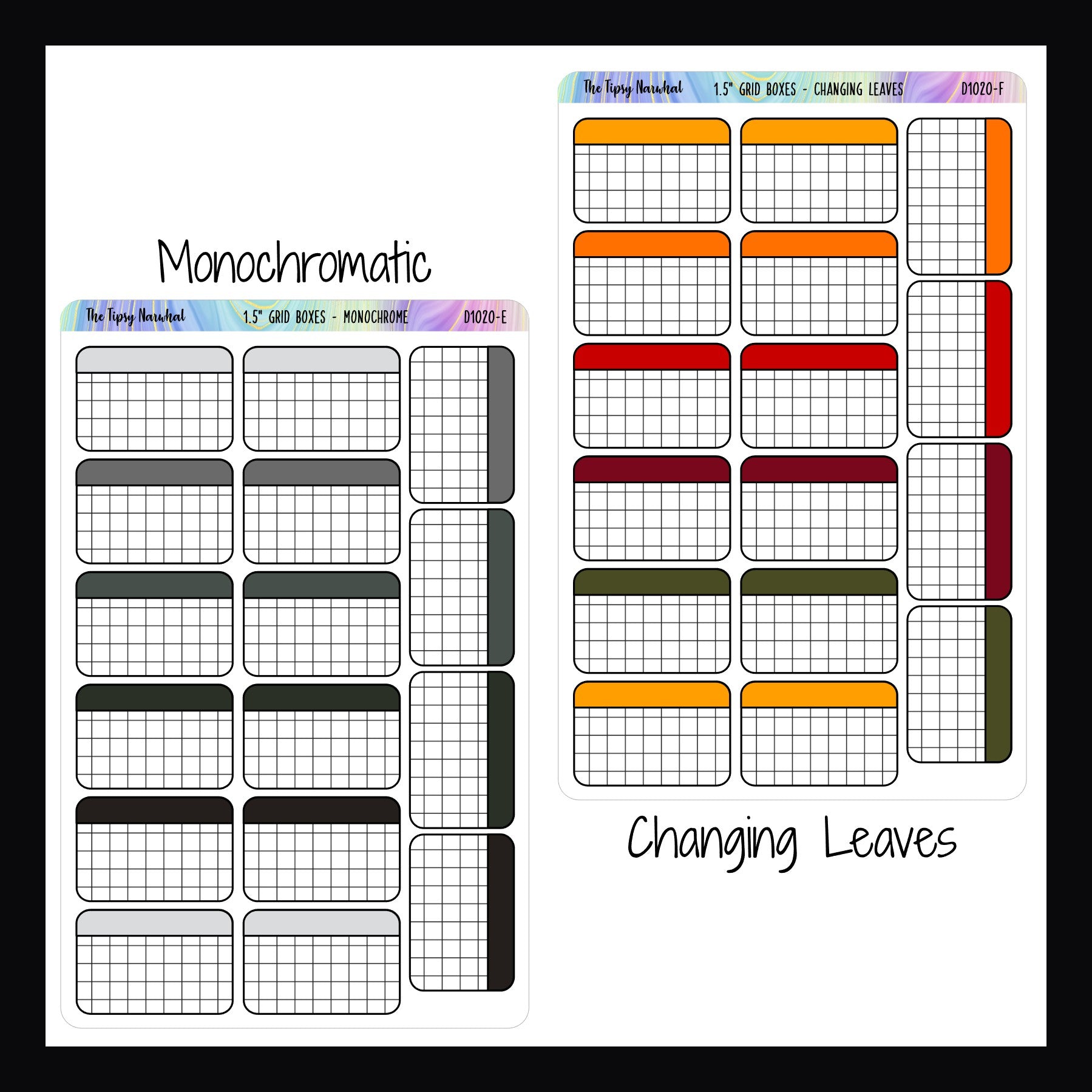 Functional stickers - 1.5 inch grid boxes monochrome and changing laves variants shown