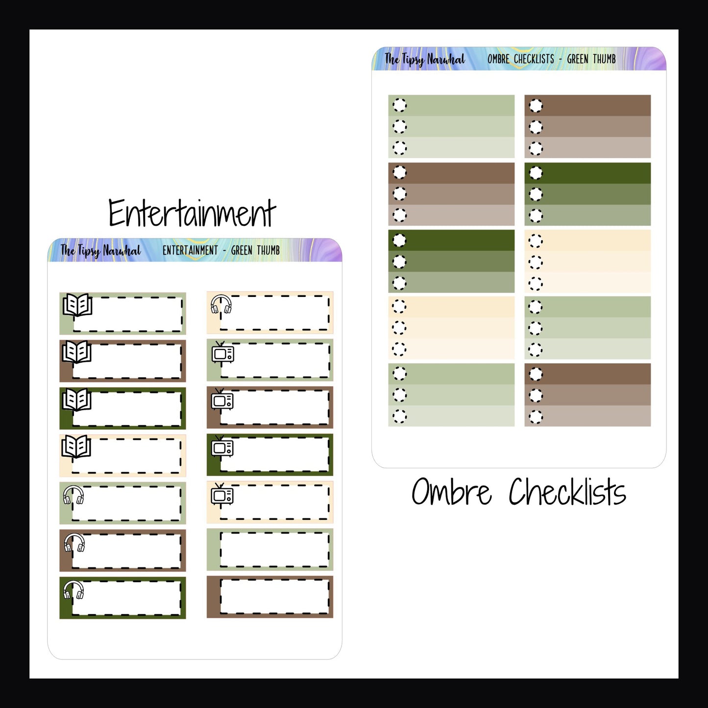 Green Thumb Kit Matching Functional Sheets in Entertainment and Ombre Checklists.  The Entertainment sheet features 14 stickers to track books, movies, podcasts, etc.  The Ombre checklist sheet features 10 ombre checklist style stickers. 