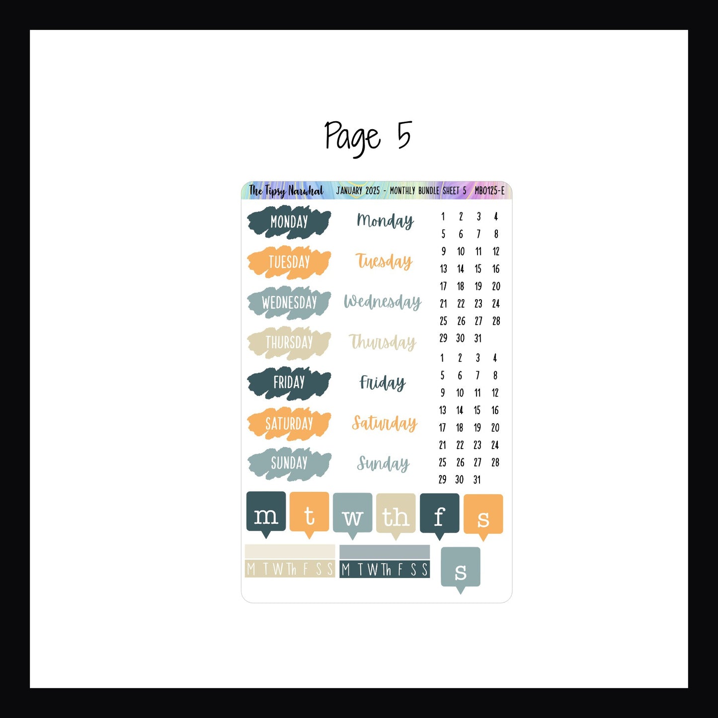 January 2025 Monthly Bundle page 5 features habit tracking stickers and 3 different styles of date covers. 