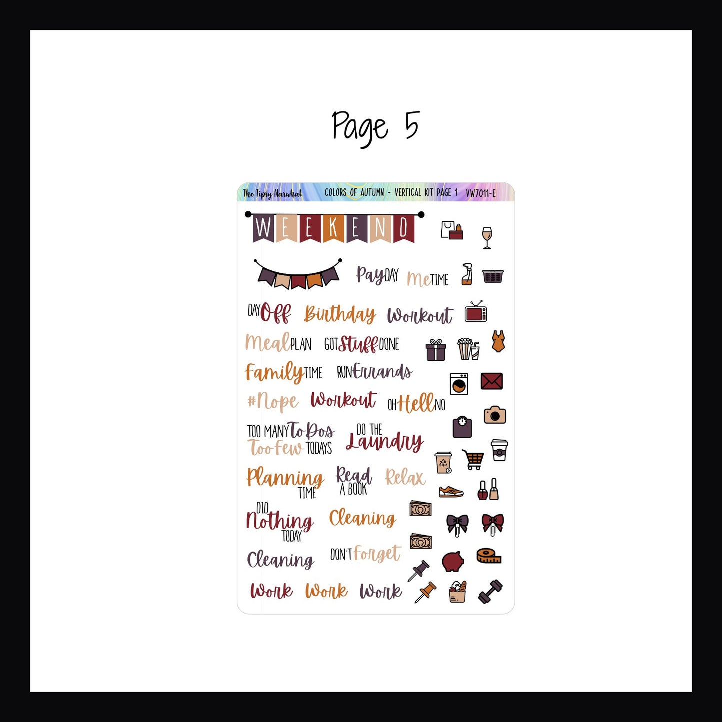 Colors of Autumn Vertical Weekly Kit Page 5 features a weekend banner, daily icon stickers and script stickers. 