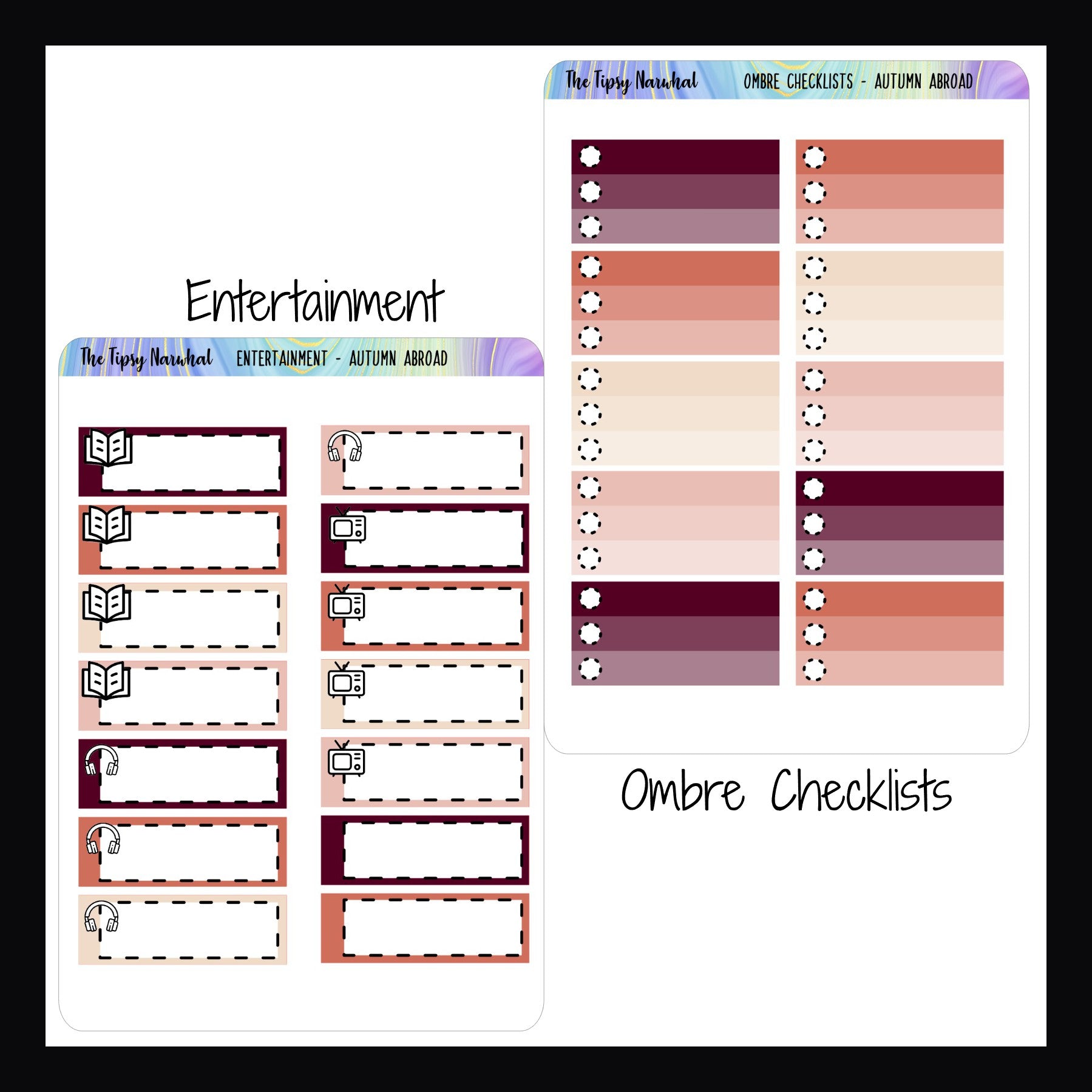 Autumn Abroad Functional Add-ons entertainment and ombre checklists sheets shown on a white background. 