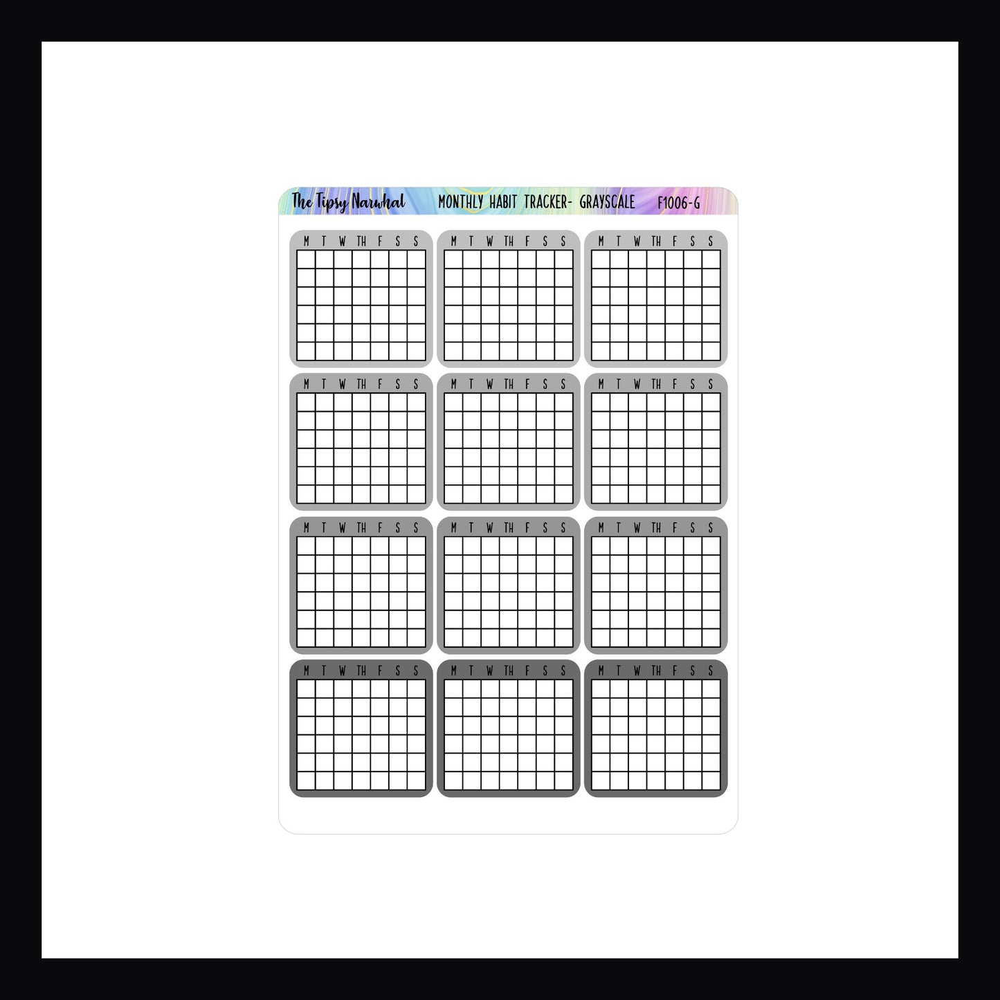 Grayscale monthly habit tracker, 12 individual stickers, single habit tracking, one month tracking