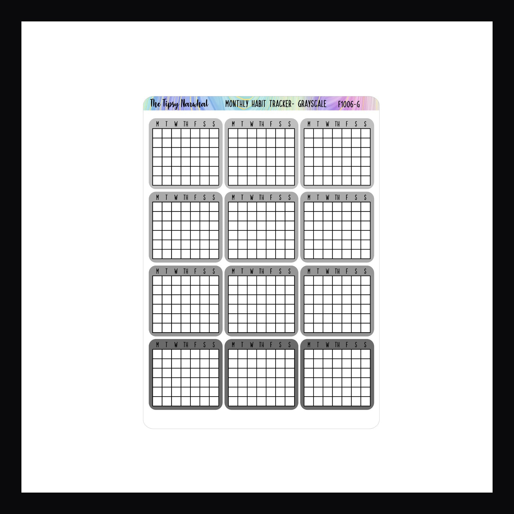 Grayscale monthly habit tracker, 12 individual stickers, single habit tracking, one month tracking