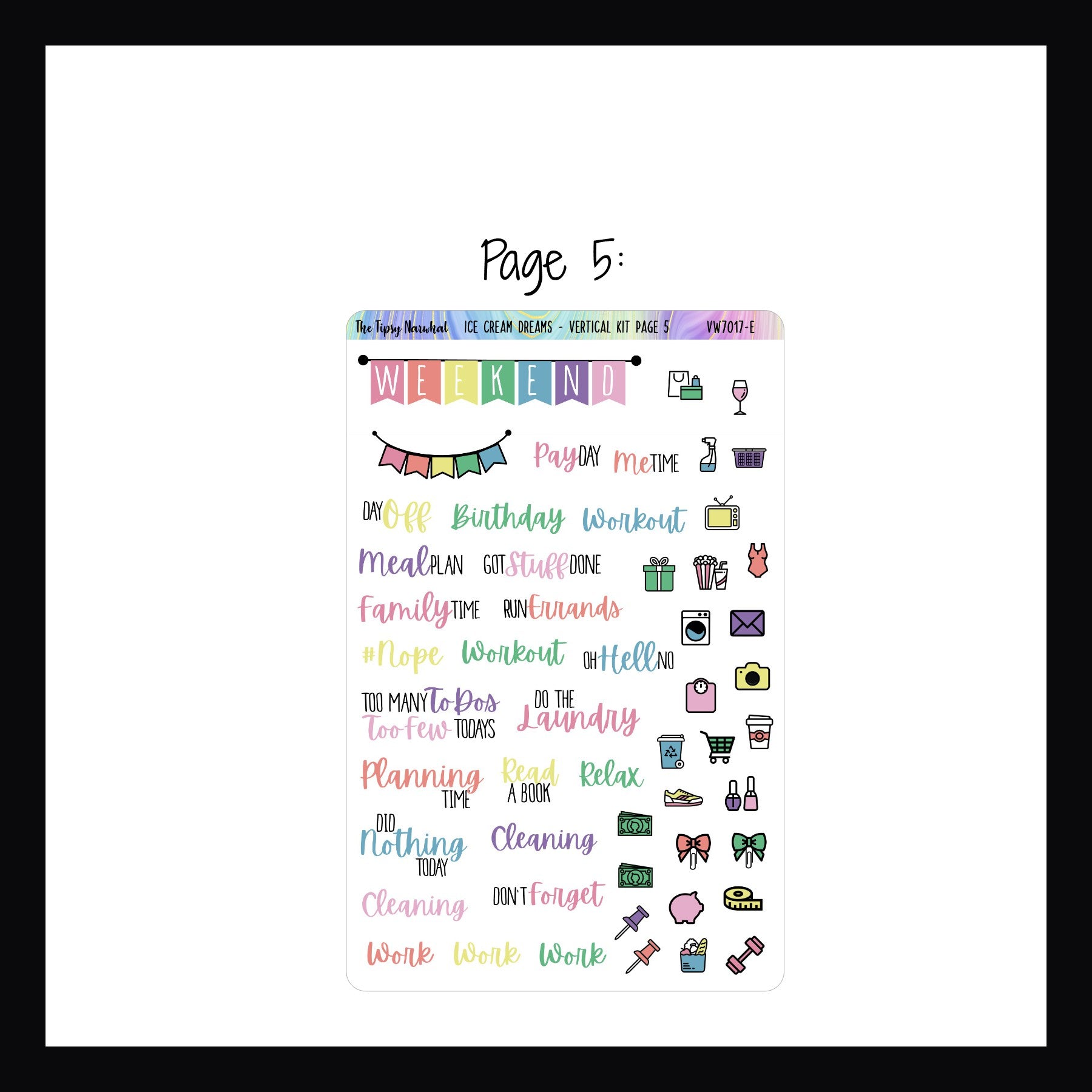 Ice Cream Dreams Vertical Weekly Kit page 5 features a weekend banner sticker, script stickers and various daily icon stickers. 