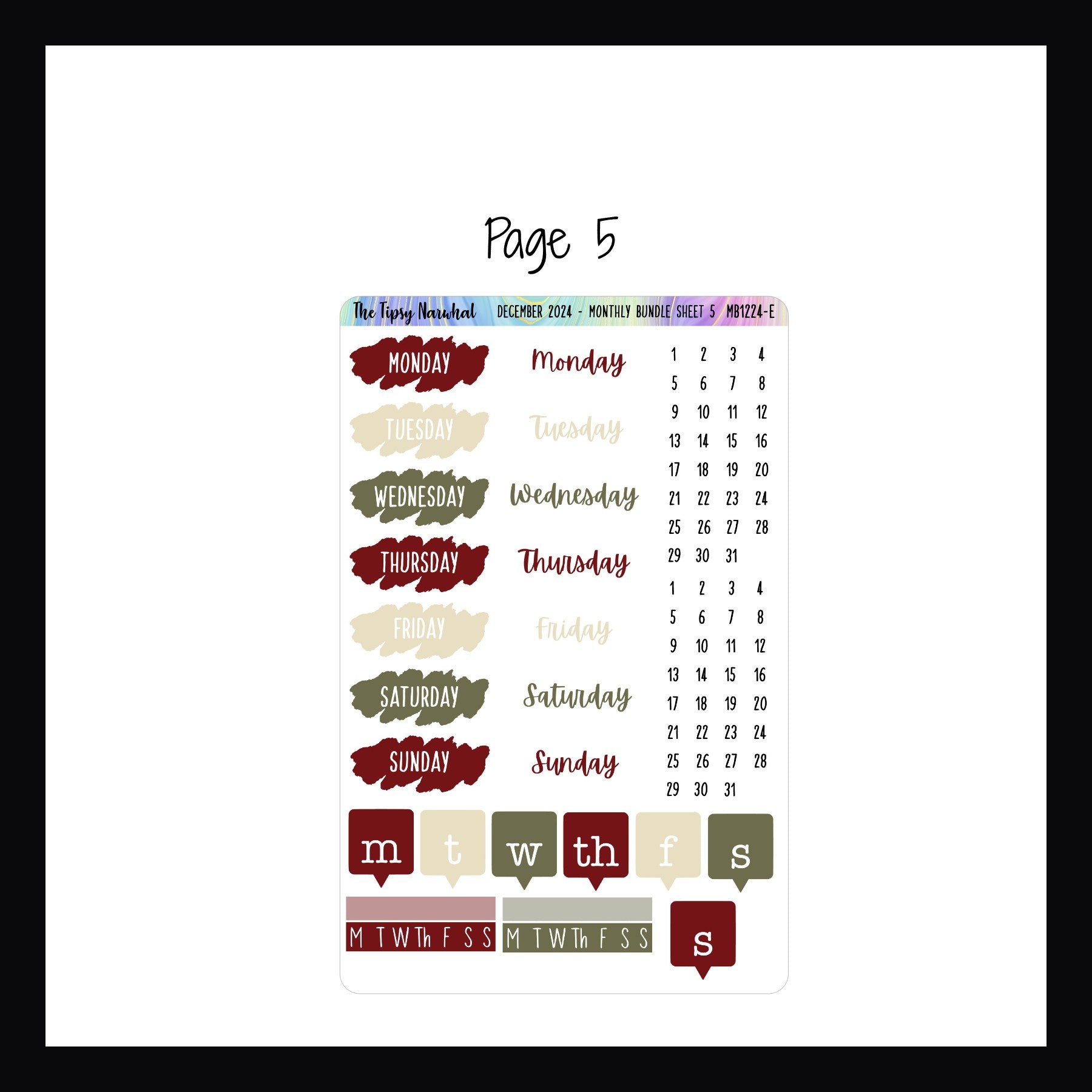 December 2024 Monthly Bundle page 5 features habit trackers and 3 different styles of date covers. 