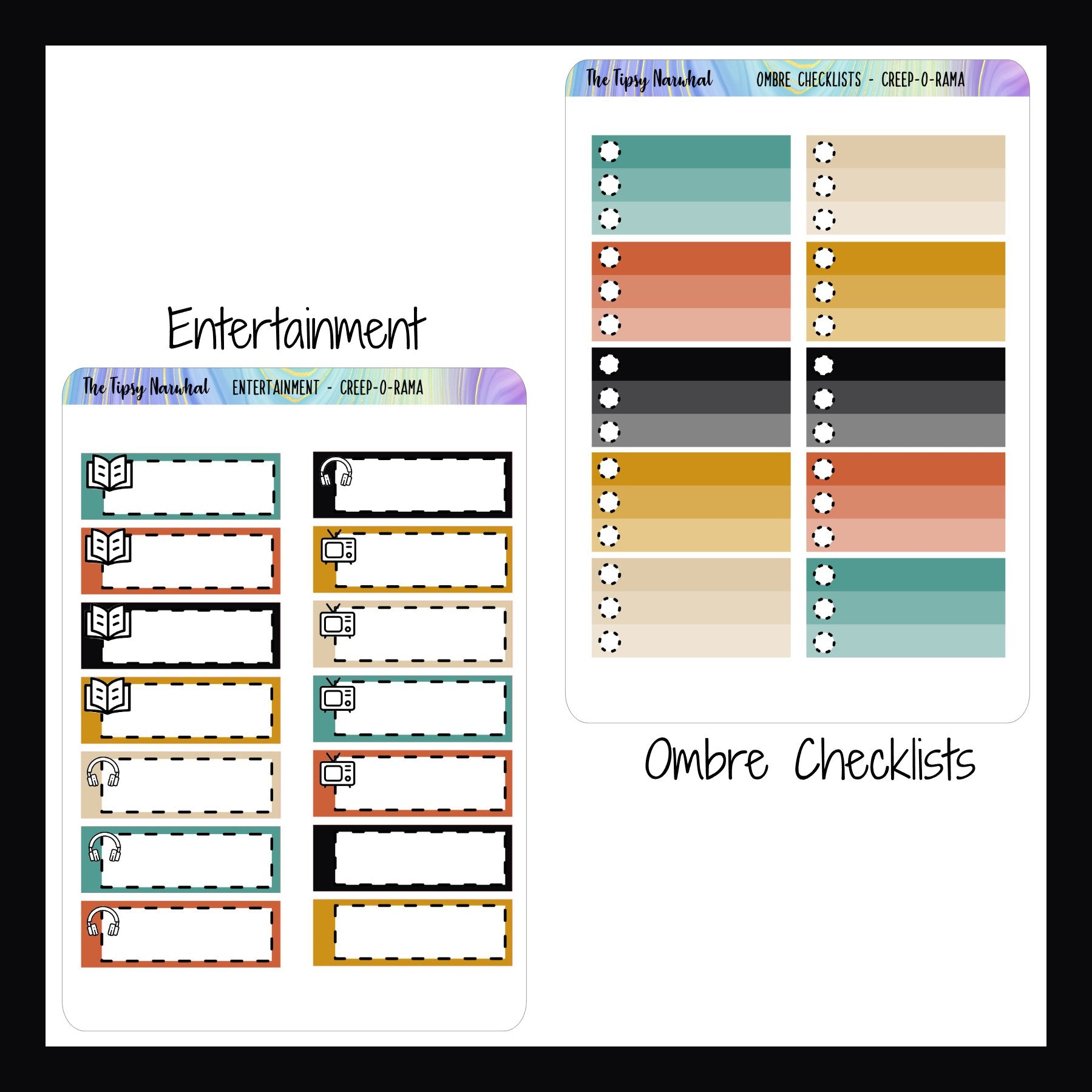 Creep-O-Rama functional add-ons Entertainment sheet and Ombre Checklists on a white background. 