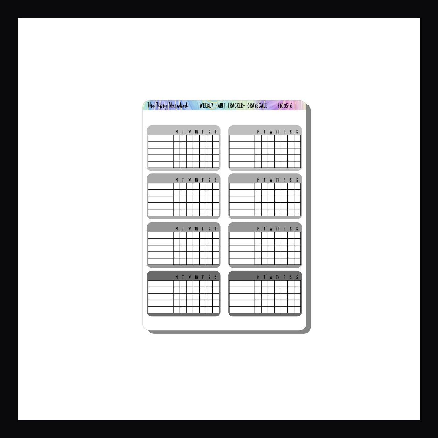 Grayscale habit tracking stickers.  8 stickers per sheet, 5 habits tracked over one week
