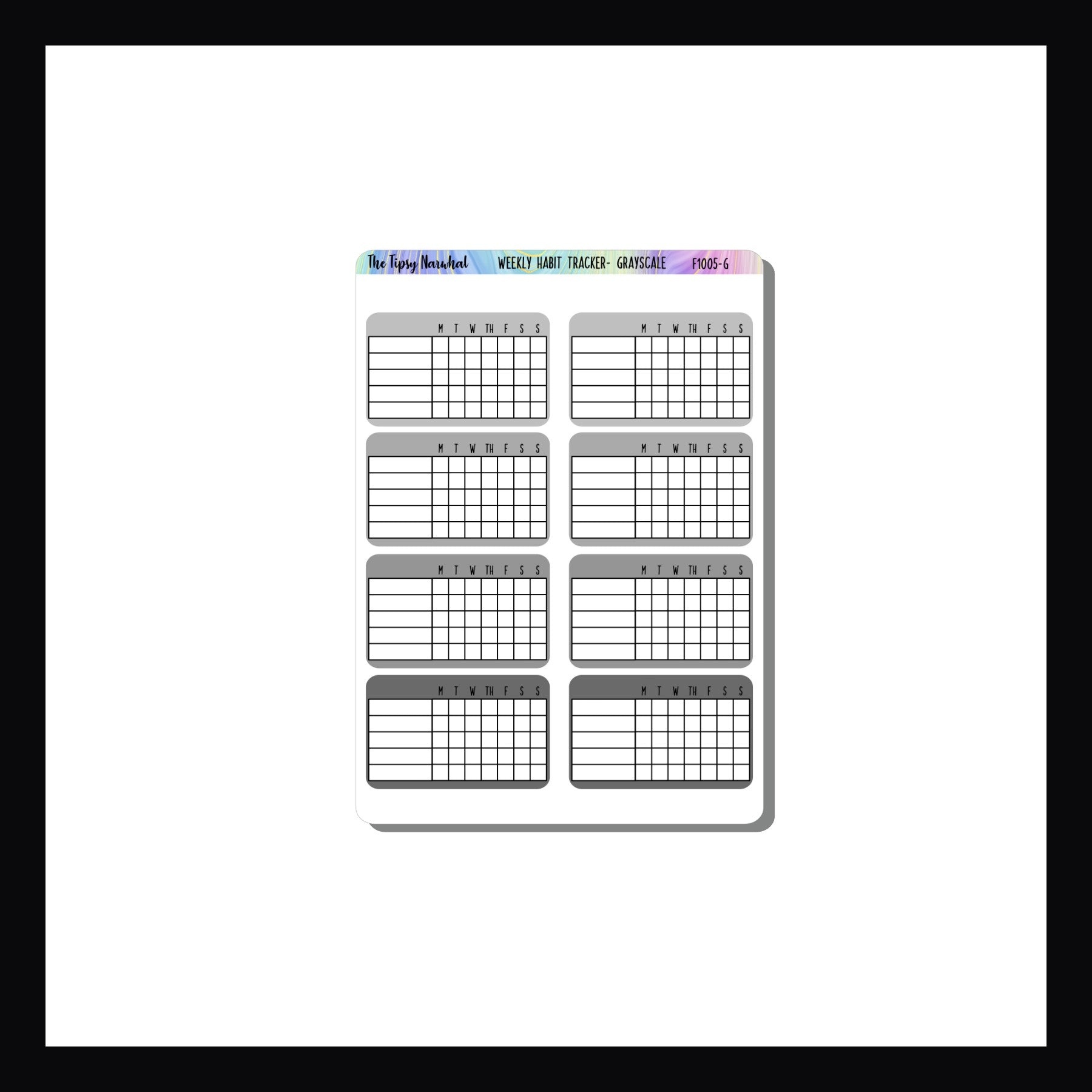 Grayscale habit tracking stickers.  8 stickers per sheet, 5 habits tracked over one week