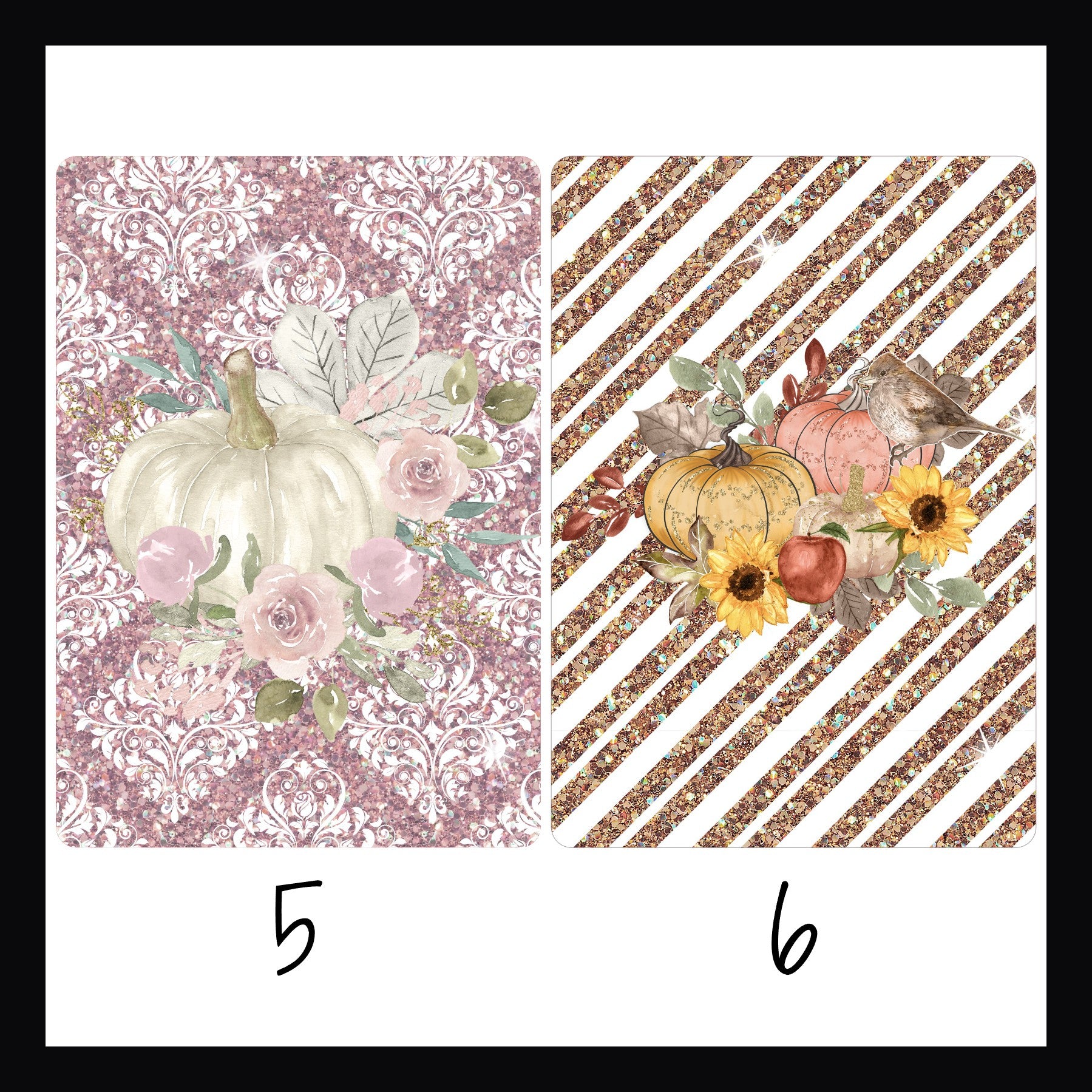 Autumn Glitter Kindle Insert Designs 5 & 6. Design 5 features a white pumpkin and roses on a pink damask background. Design 6 features pumpkins, sunflowers and a bird on a brown stripe background.