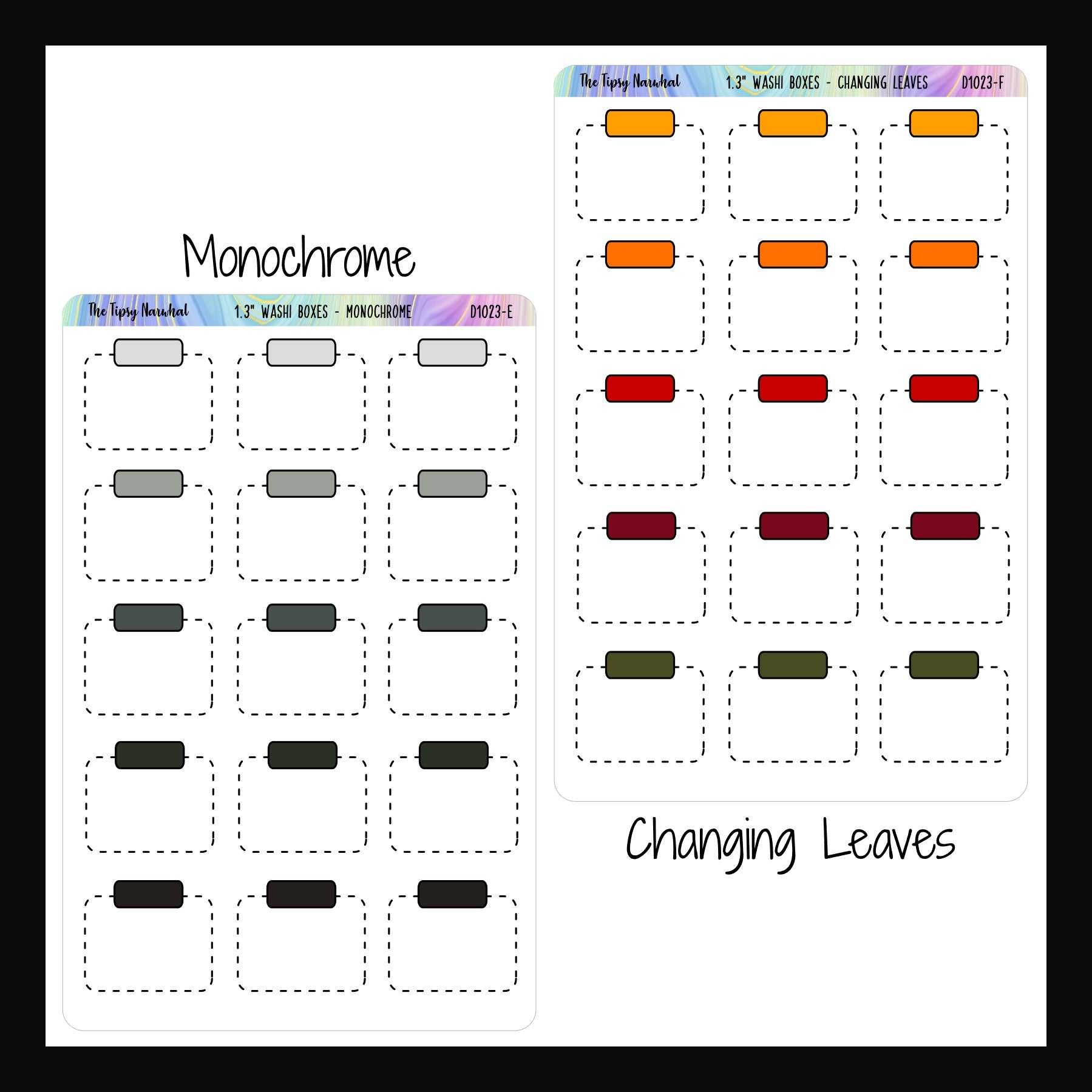 Functional Stickers - 1.3 Inch Washi Boxes Monochrome and Changing Leaves variants shown on a white background.