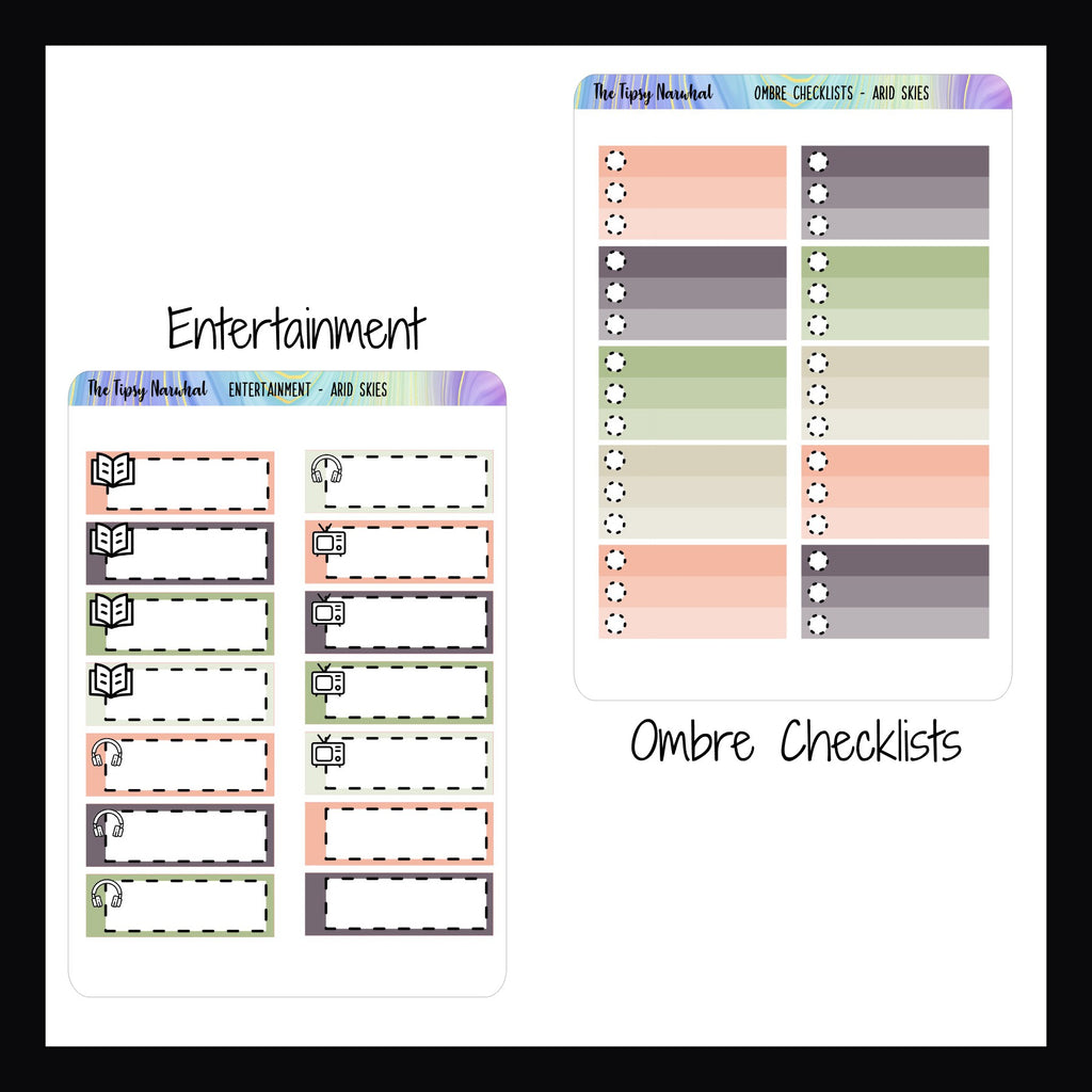 Ombre checklists stickers and stickers with entertainment categories on a white background