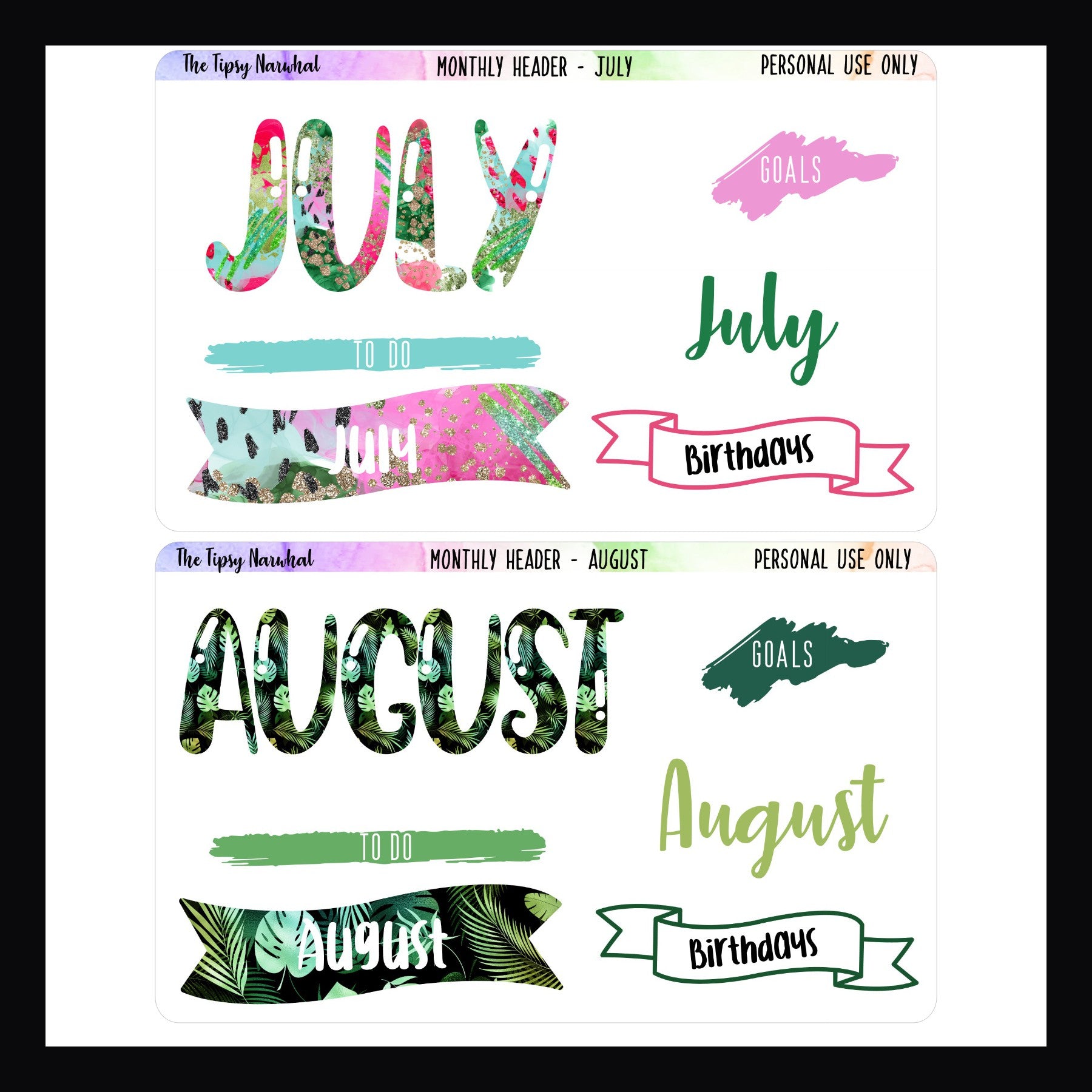 July title sheet, August title sheet, monthly titles, to dos, goals, birthdays, flags, scribbles, bubble letters