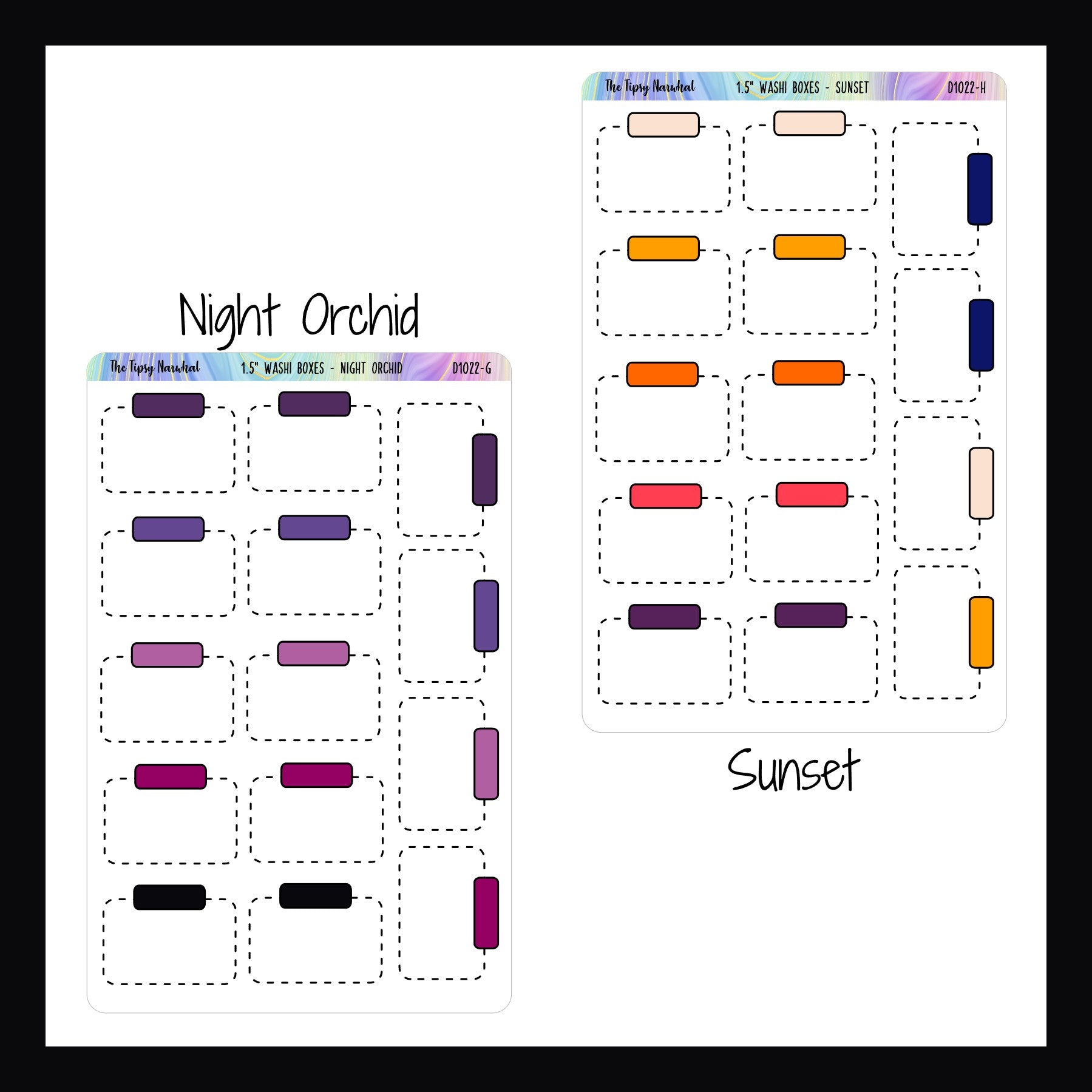 Functional Stickers - 1.5 inch washi boxes night orchid and sunset variants shown