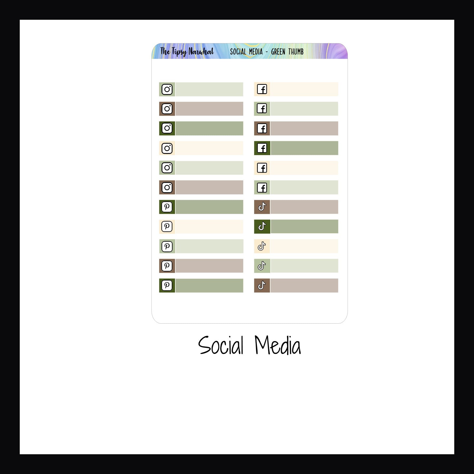 Green Thumb Kit Matching Functionals in Social Media.  this sheet features 22 skinny sticker to track posts made on popular social media sites. 