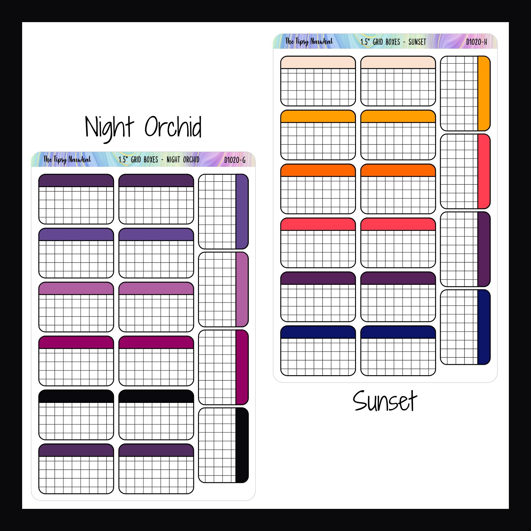 Functional Stickers 1.5 inch Grid Boxes night orchid and sunset variants shown
