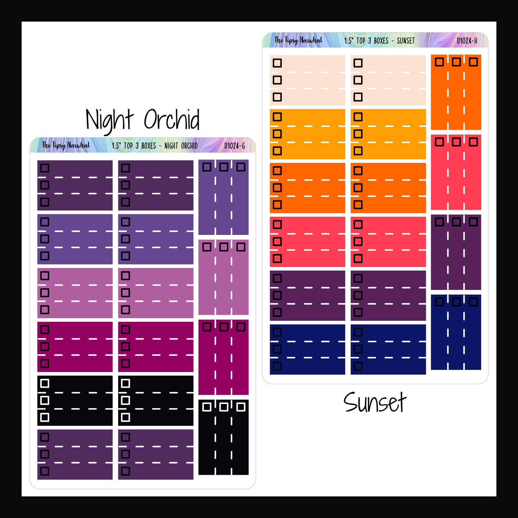Functional Stickers - 1.5 inch Top 3 night orchid and sunset variants shown